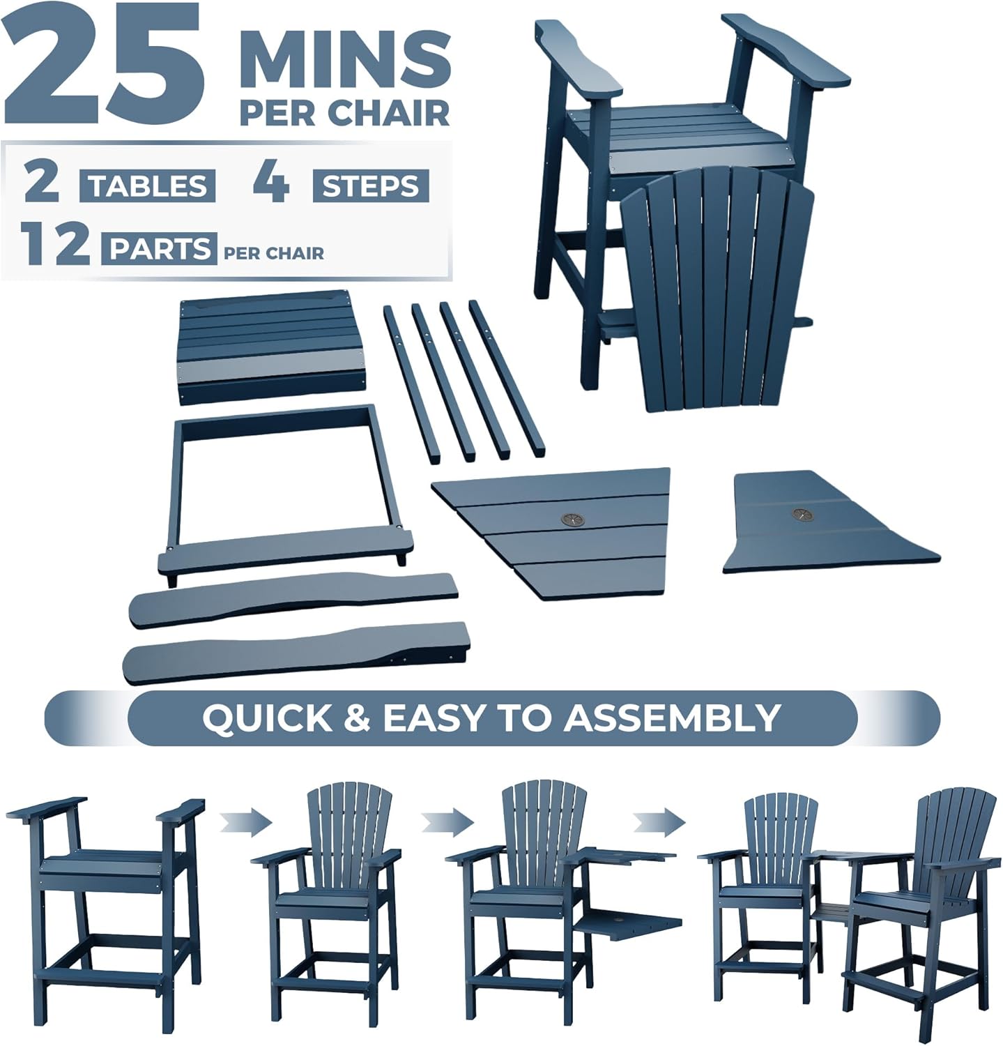 Outdoor Recycled Poly Adirondack Barstools with Connecting Tray, Tall Adirondack Chairs Bar Chairs for Deck, Balcony, Backyard, Patio Bar Stool Chair with High Back Weather Resistant Set of 2