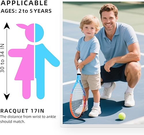 Miniatura 4 de Raqueta de tenis para niños de 17"-23" para edades de 2-9 años, ligera y duradera, incluye 1 raqueta de tenis para niños pequeños y 1 cintas de