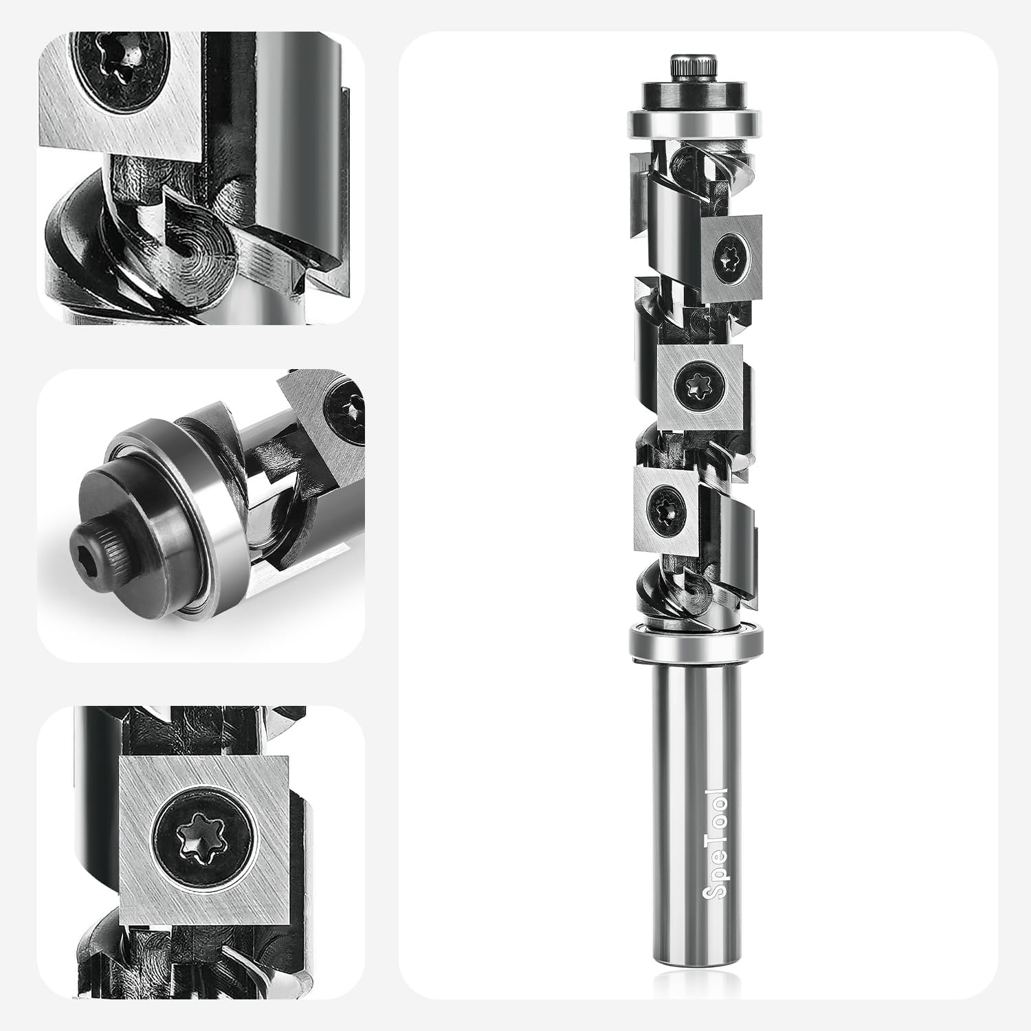SpeTool Frez wyrównujący z płytkami wymiennymi, 12 mm, trzonek VHM, frez spiralny, kopiujący do frezarki górnowrzecionowej, średnica cięcia 19 mm, frez wyrównujący, łożysko kulkowe u góry i na dole z