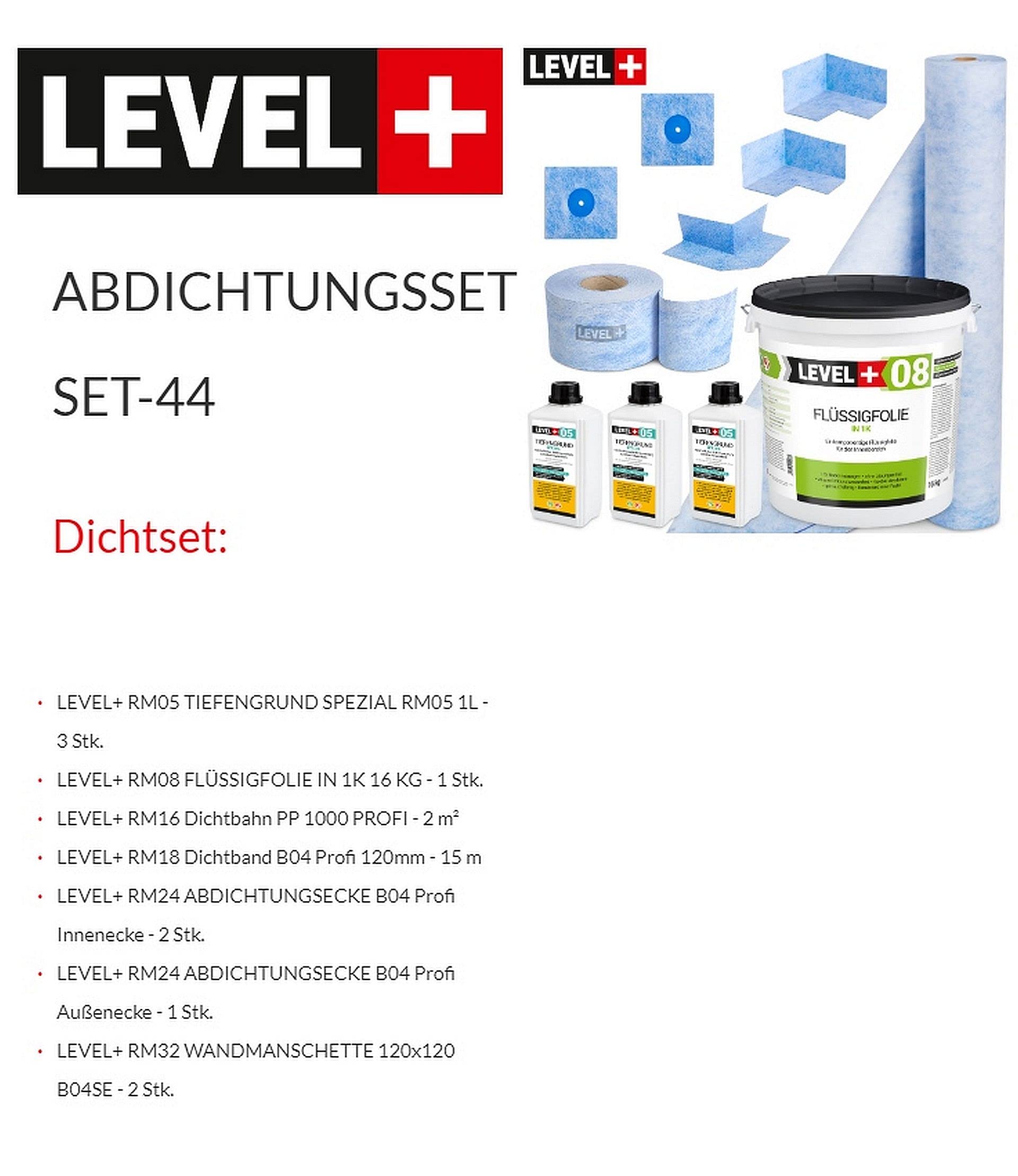 Set de sellado de ducha para baño 16 kg, lámina líquida, 2 esquinas interiores, 1 esquina exterior, 2 manguitos de pared, cinta de sellado de 15 m, 2 m de cinta selladora 3L, fondo profundo SET44