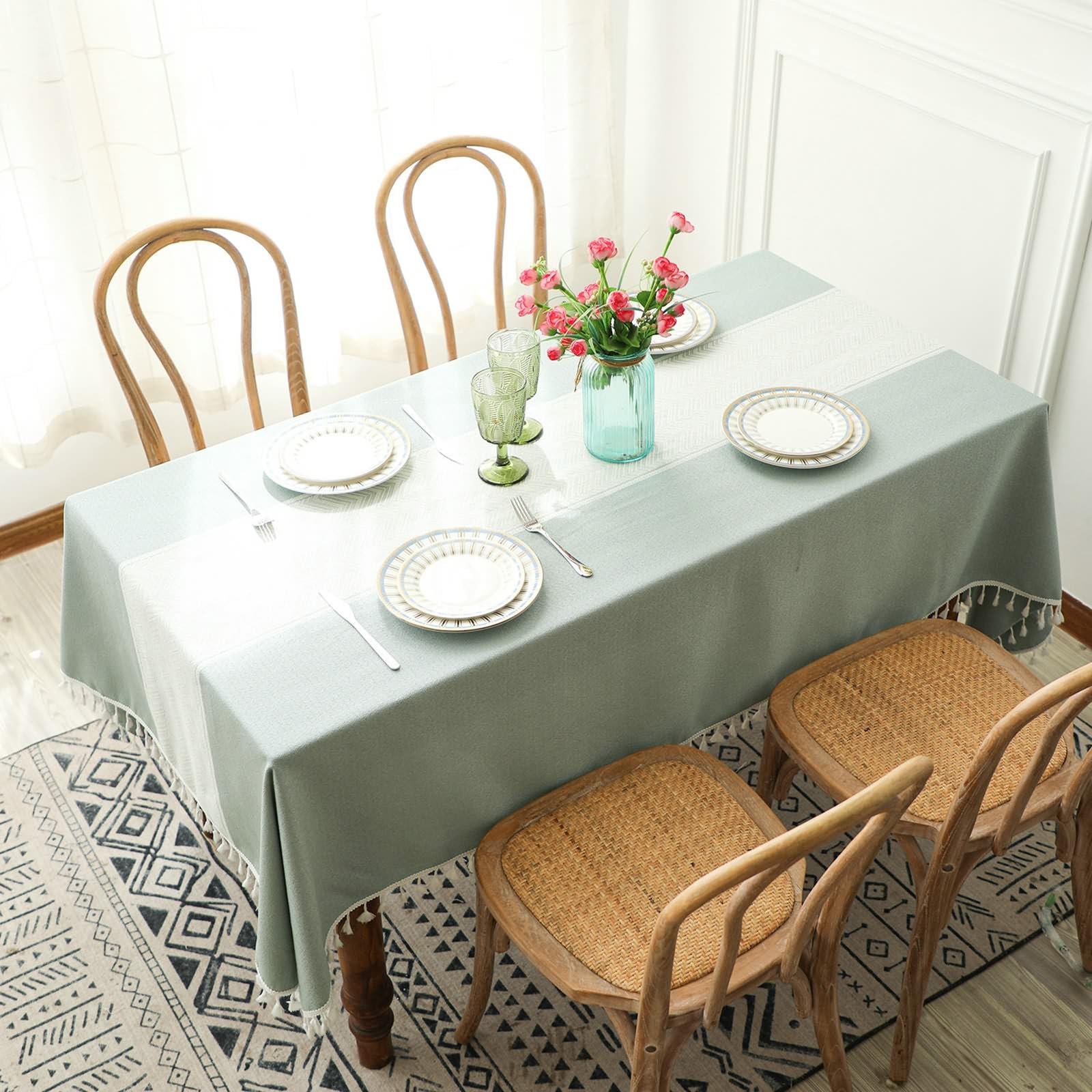 Daesar Mantel Salón Rectangular,Manteles Poliéster Antimanchas Empalme de Rayas Onduladas con Borlas Manteles de Mesa Comedor Verde,100x160CM(63x39Inch)