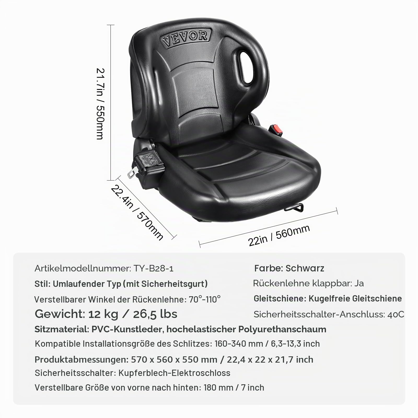 VEVOR Universal Traktorsitz aus PVC-Kunstleder und Polyurethanschaum mit Sicherheitsgurt und Mikro-Sicherheitsschalter 16–34 cm Schlitz