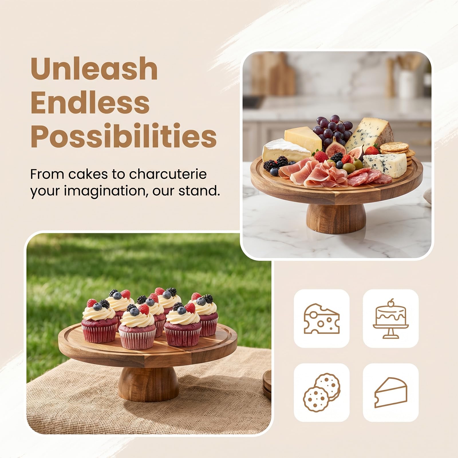 Présentoir à gâteau 2 en 1 en bois de 30,5 cm avec couvercle