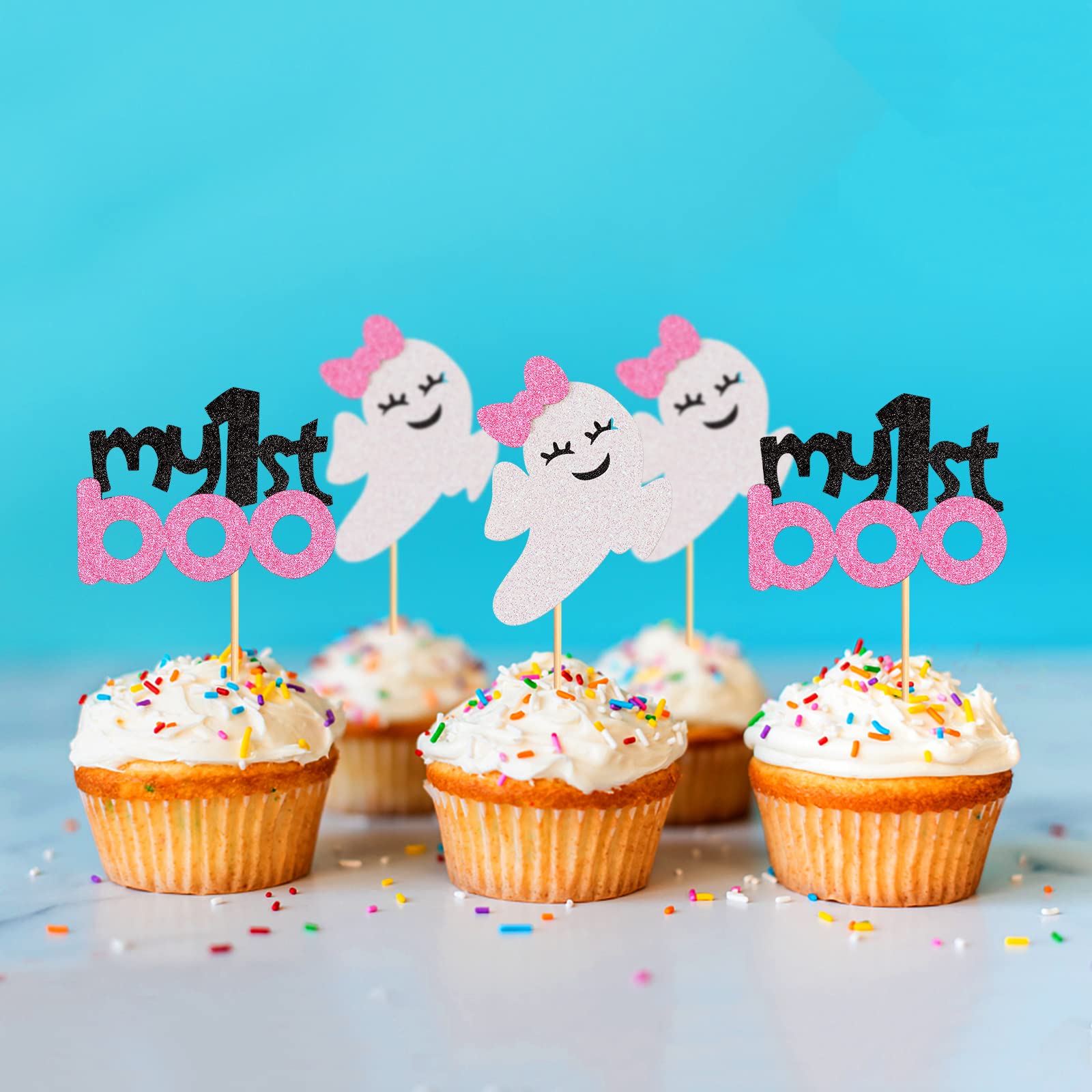 24 Stück Ghost Oh Baby Cupcake-Topper – Rosa Schleife Geist Deko Für Babyparty & Halloween