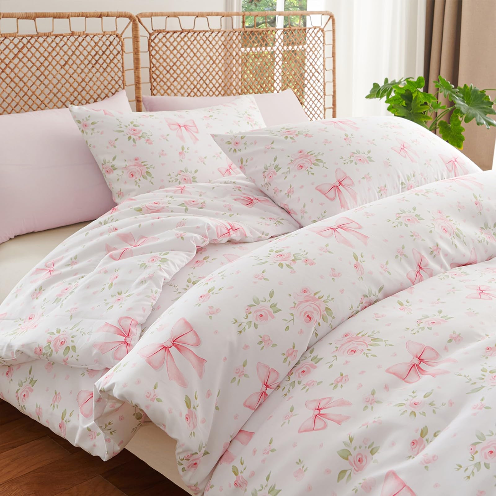 Tospass Blumen Bettwäsche 135x200 Schleifen Weiß Rosa Grün Floral Mädchen Bettwäsche-Sets Kinder Mikrofaser ÖKO-TEX Bettbezug 1 Deckenbezug mit Reißverschluss und 1 Kissenbezug 80x80cm
