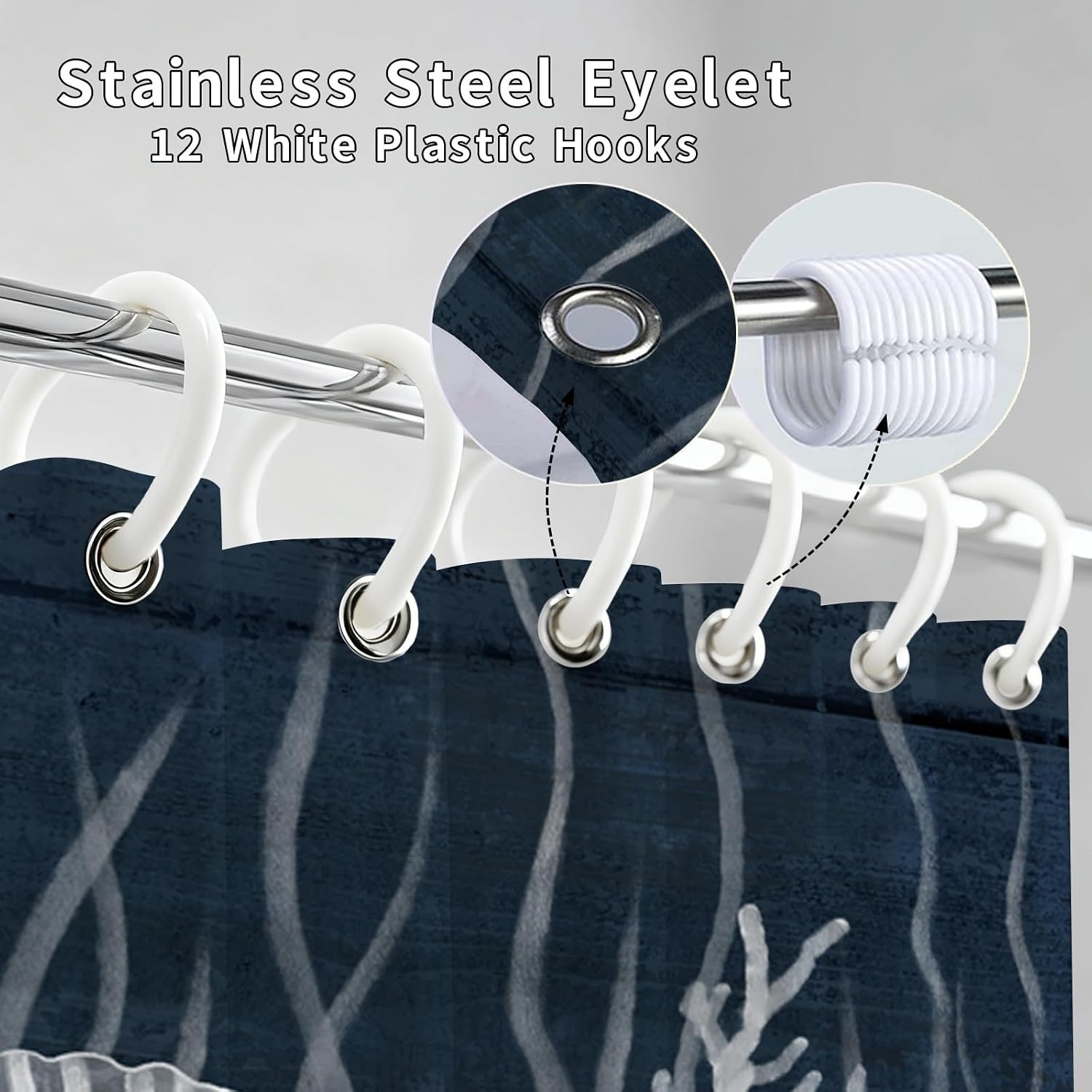 Nautical Bathroom Shower Curtain Ocean Theme with Seashells and Starfish Print Navy Blue Bath Curtains 72x72inch