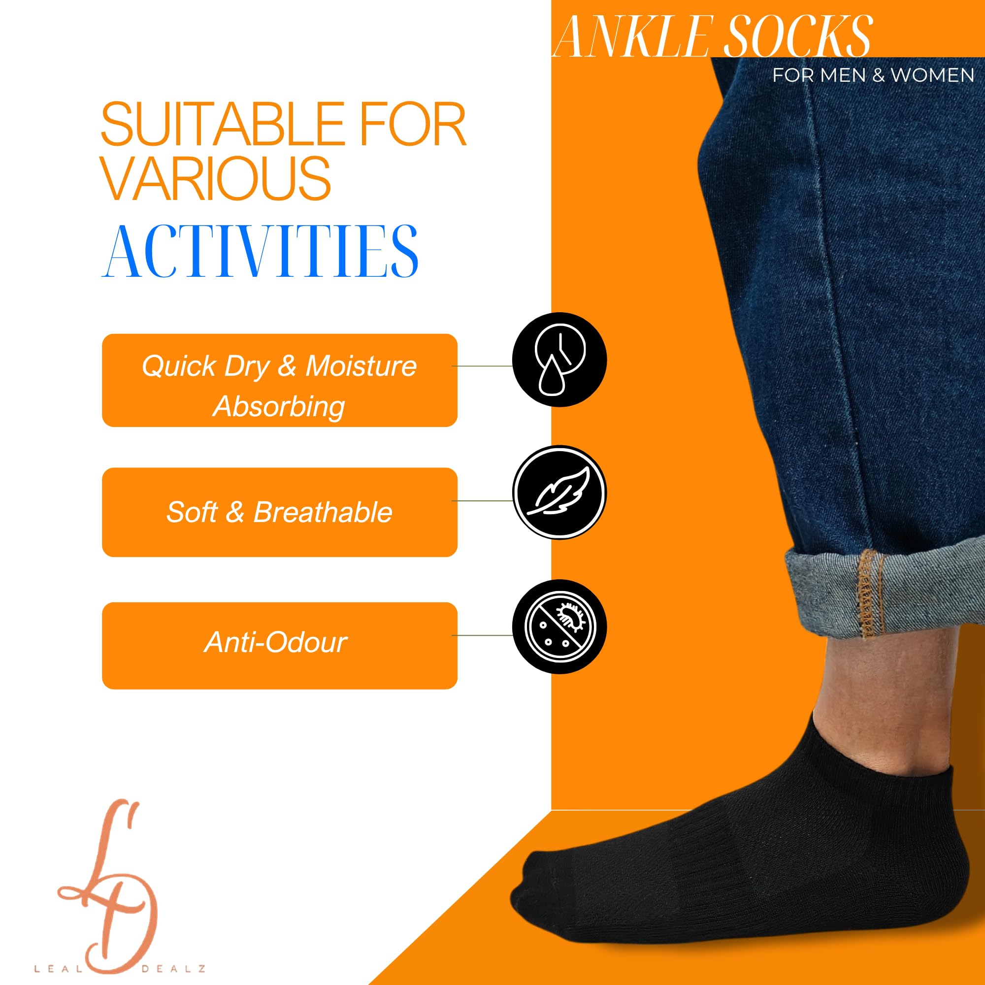 LEALDEALZ Ankle Socks for Men & Women (Unisex) - Made with Soft, Breathable & Durable Cotton, Anti Odour, (Denim Blue, Blue, Charcoal Grey, Black, White, Grey) - Free Size - Pack of 6 - Sports, Gym 3