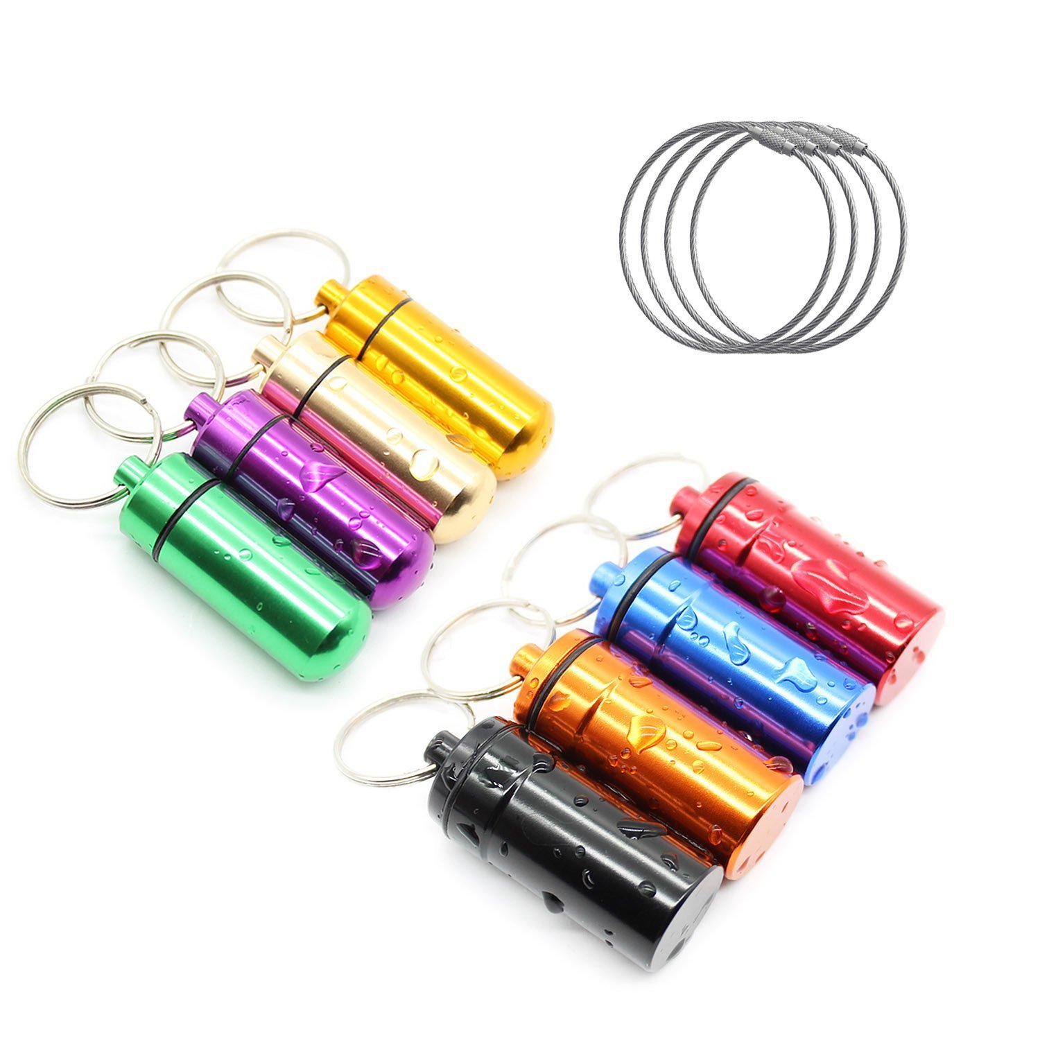 NDHT 8 Pcs Colorful Waterproof Aluminum Pill Box Outdoor Camping Traveling Pill Box Case Bottle Storage Drug Holder Container Keychain Key Ring