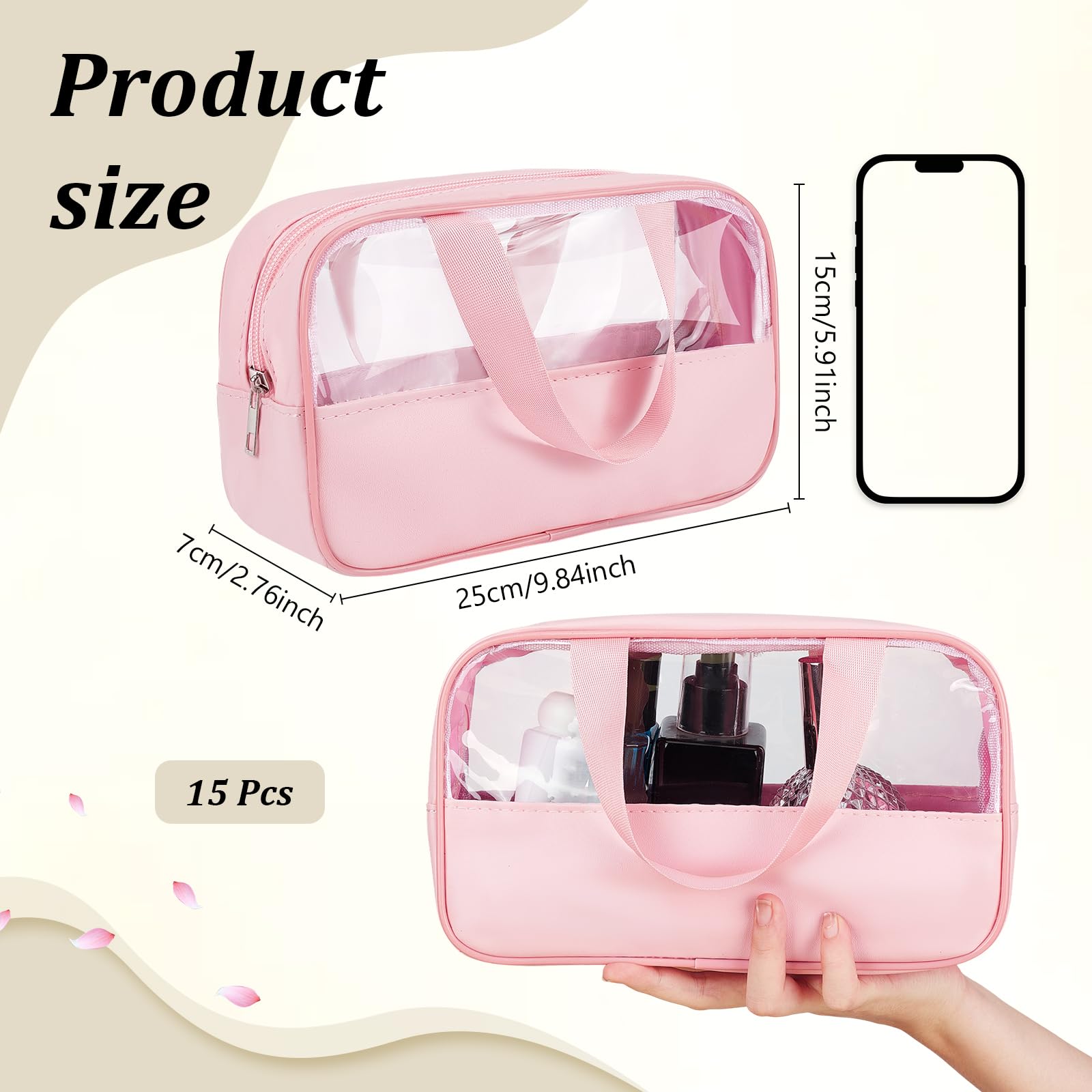 15 Trousse de Maquillage Transparente Trousse de Toilette de Voyage de 25x15x7cm Pochette de Rangement Étanche et Portable avec Poignées de Suspension pour Accessoires de Toilette