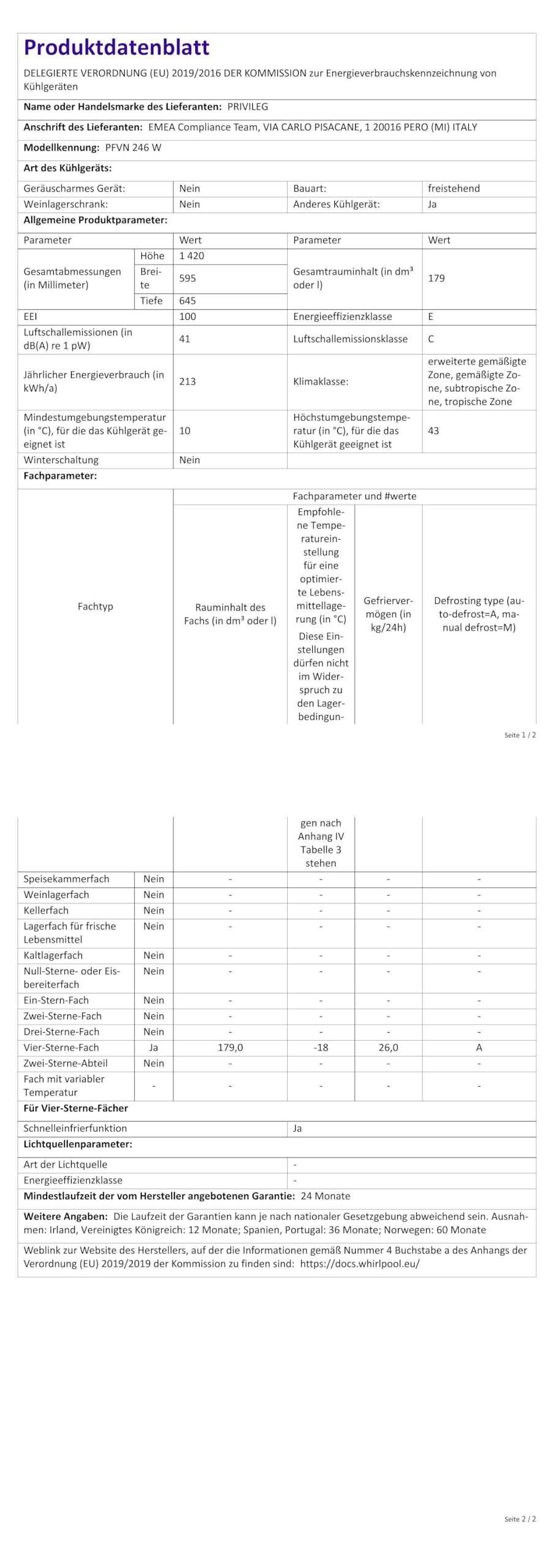 Privileg PFVN 246 W NoFrost Gefrierschrank/ 170 L Nutzinhalt/ leise mit 41 dB/nie mehr Abtauen dank NoFrost/Maxi-Box/Supergefrierfunktion/EasyOpen Ventil, Weiß