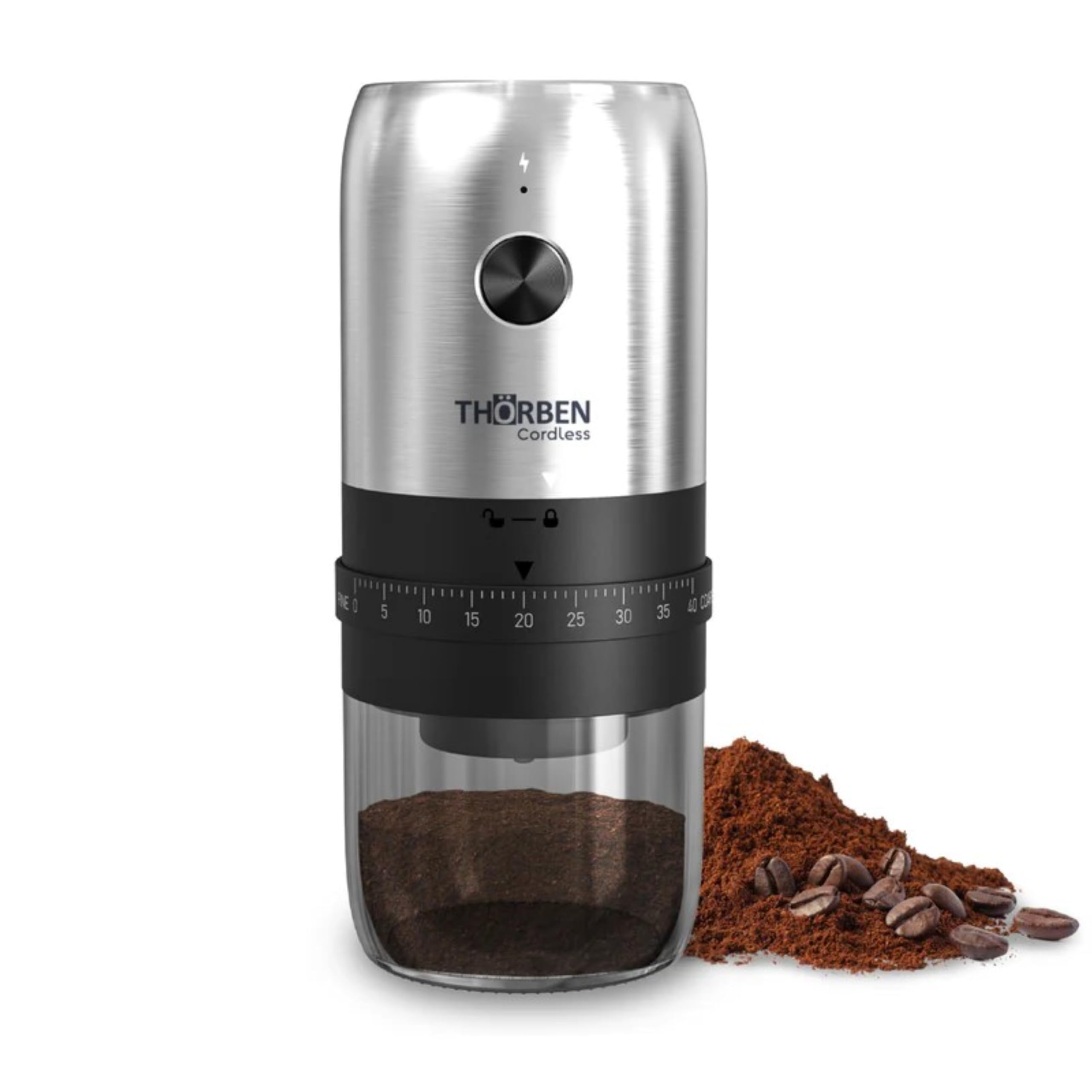Thörben Moulin à café électrique professionnel, rechargeable USB-C, acier inoxydable, 40 niveaux de broyage, meules en céramique, 30 g de capacité, 10 W, portable, pour maison et bureau