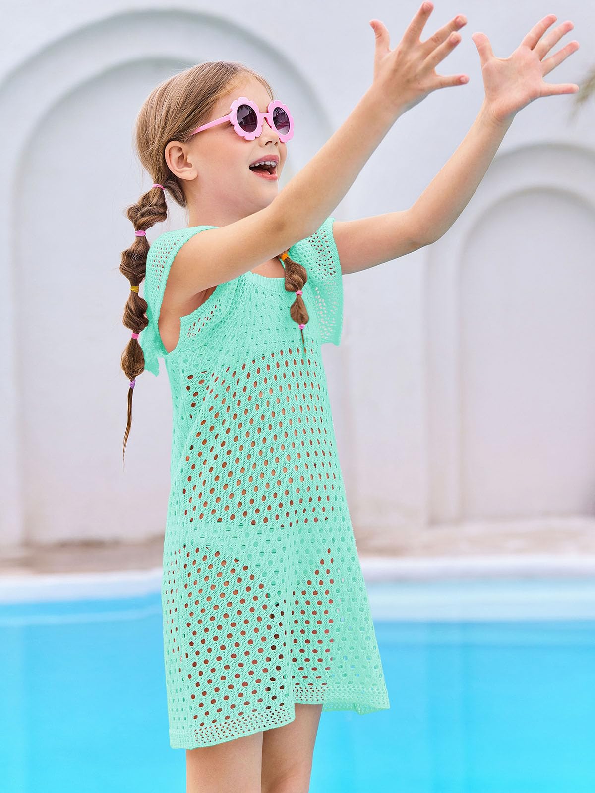 Haloumoning Cache-maillot de bain en crochet pour filles - Manches volantées - Robe de plage d'été ajourée - 5-14 ans