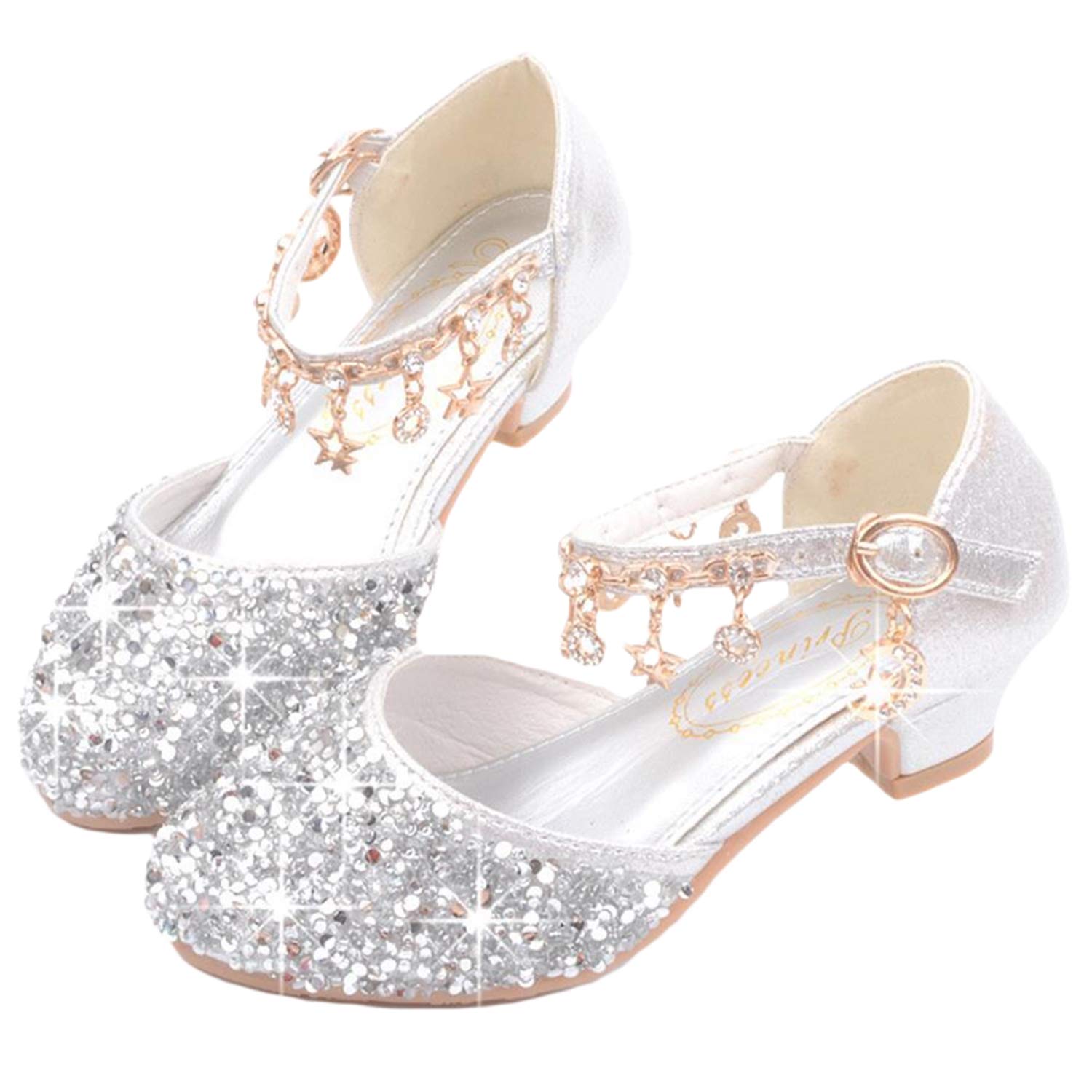 Fille Talons Hauts Chaussures de Princesse Paillettes Déguisement Argenté Or Rose Doux Halloween Noël Anniversaire Carnaval Cosplay EU26-38