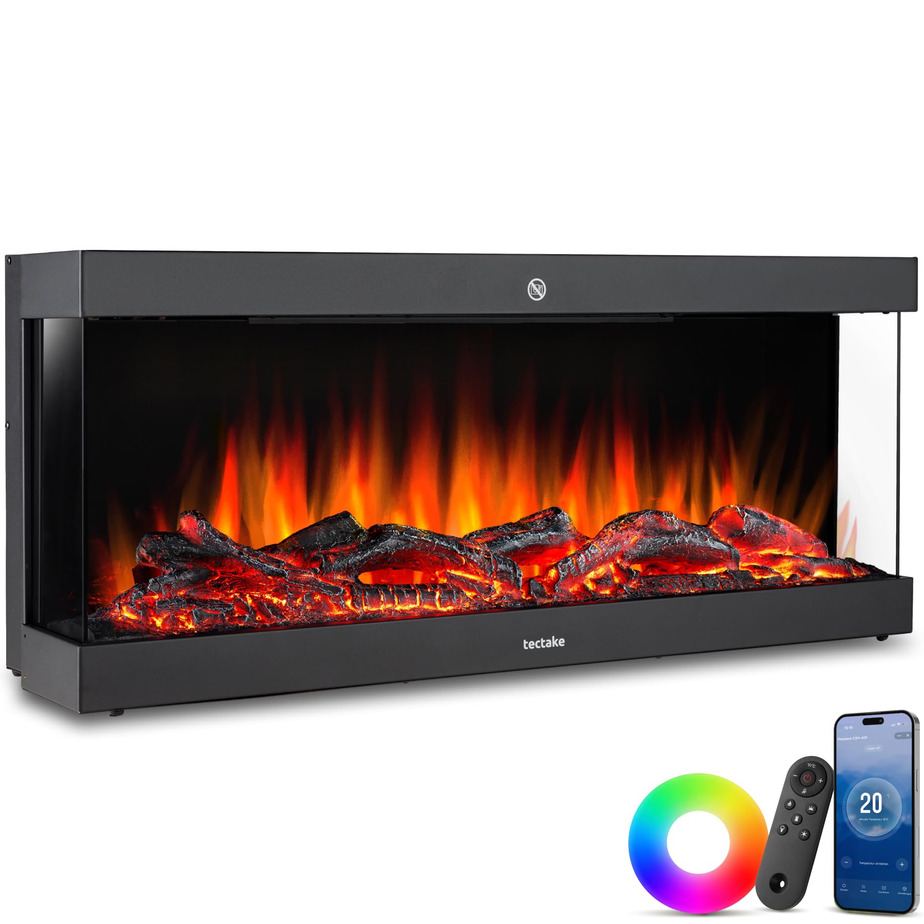 tectake Elektrokamin Elektro-Wandkamin 2 Leistungsstufen,- 900 W/1800 W, 91x38 cm