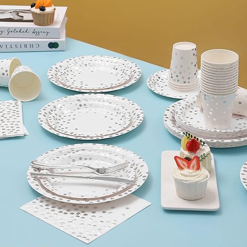 Platos y servilletas de papel plateado, platos de plata desechables, platos de fiesta plateados para 24, 168 piezas de decoraciones de fiesta