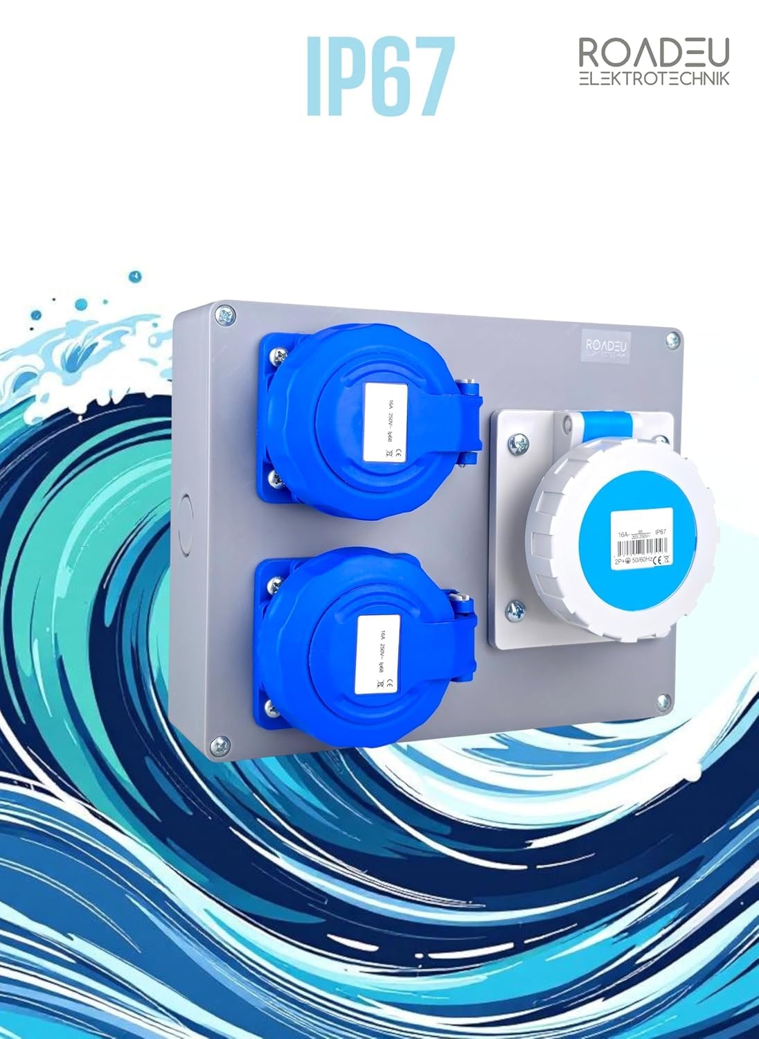 RoadEu – Quadro di Distribuzione Stagno IP67 | 2x Presa Schuko 230V + 1x Presa Industriale CEE 16A 3P | Scatola da Parete Pre-cablata 2,5 mm² per Esterno e Cantiere