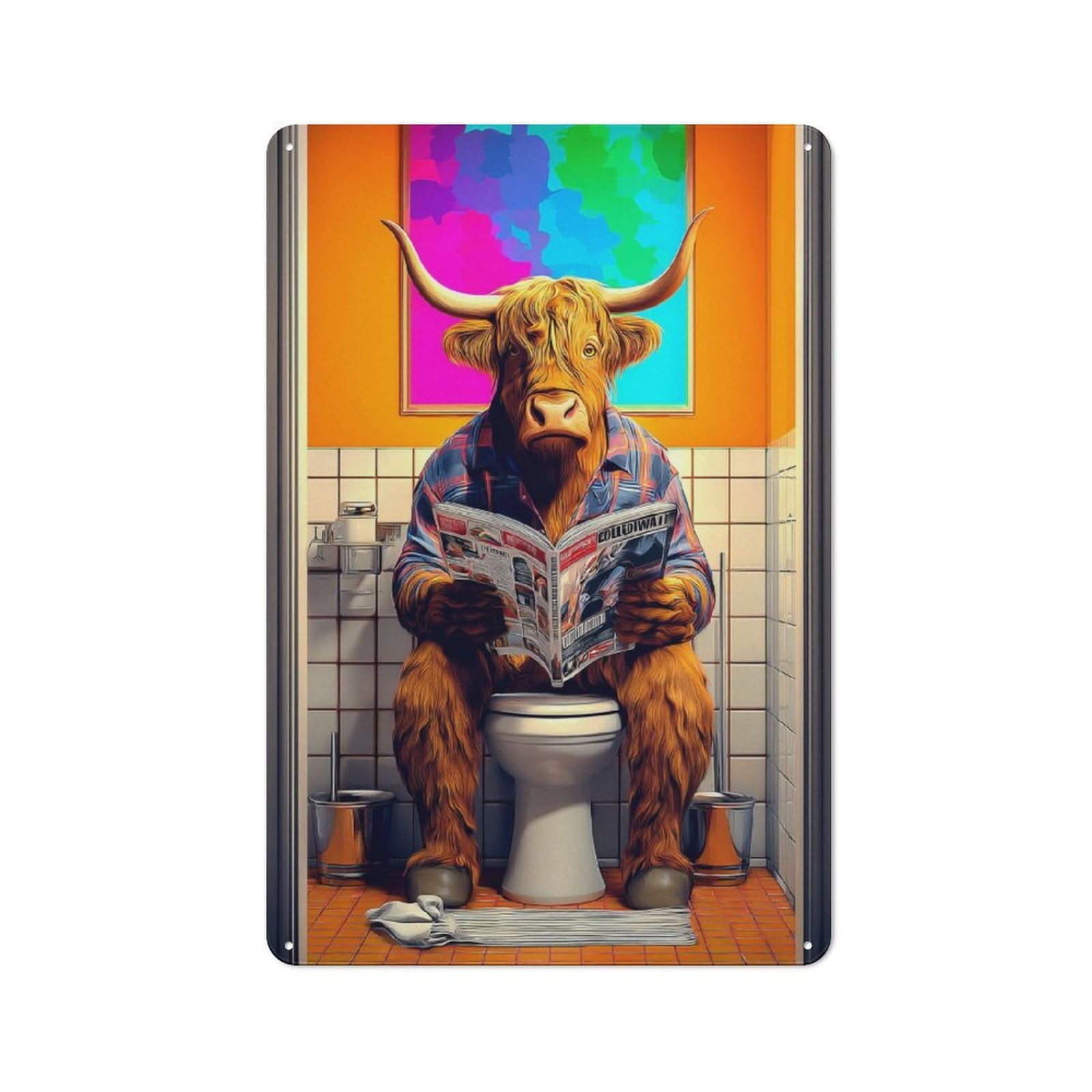 Junmoney Cow Reading Magazine In Bathroom Warehouse Style Tin Wall Sign 30X20cm Featuring Loft Wall Plaque For Loft, Studio, Office Or Creative Room