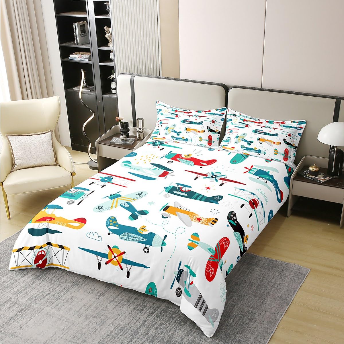 Homemissing Avion 100% Coton Housse de Couette Enfants Jeunes Enfants Dessin animé Avion Parure de lit 100% Coton Mignon garçon Fille Housse de Couette avec 1 taie d'oreiller 140x200cm Zip