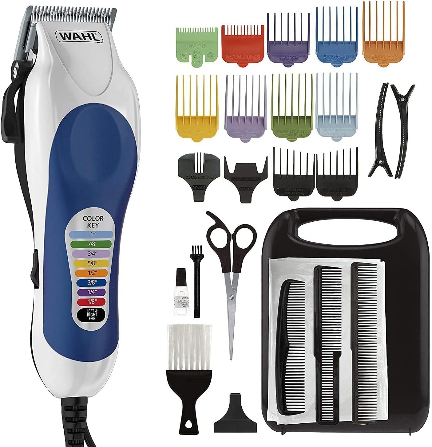 WAHL Color Pro Hair Clipper, Corded Hair Cutting Kit, 8 color-coded attachment combs, Precision ground blades trimmer for men, easy match color corded guard, 9 attachment combs, 79400-637