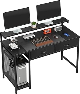MUTUN 47" Computer Desk, Office Desk with Drawers, Home Office Desk with Adjustable Monitor Stand and Hook, Study Desk with Shelves, Black
