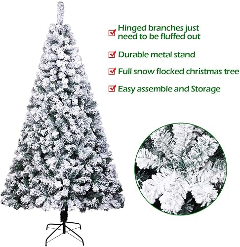 Miniatura 8 de 6FT Flocked Christmas Tree, Artificial Christmas Tree with Snow and 1300 Branch Tips, White Frosted Christmas Tree with Hinged, Snow Flocked Xmas
