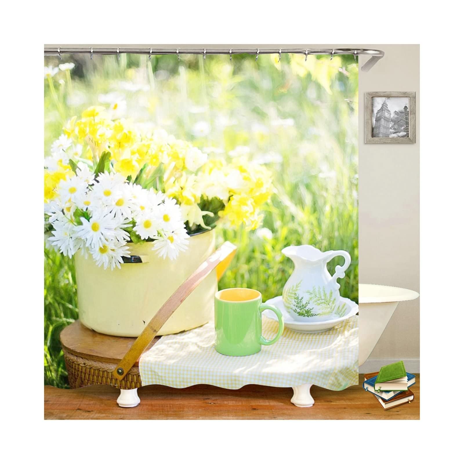 Rideau de douche blanc vert 165x200cm KnSam en polyester imprimé fleurs marguerites avec anneaux