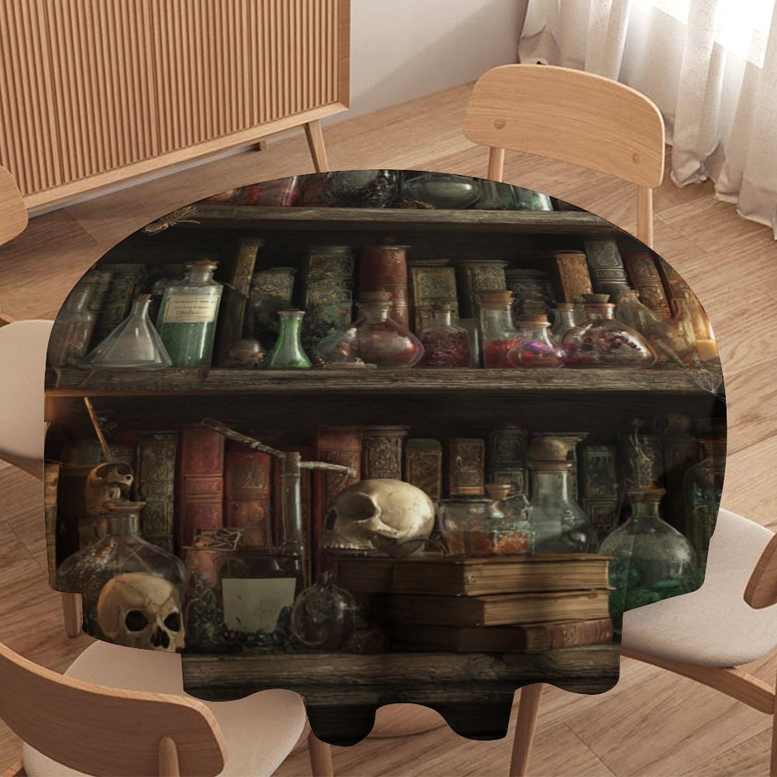 LUYYSKY Gothic Rustic Magic Bookshelf Round Tablecloth Classic Vintage Halloween Skull Skeleton Print Washable Decor for Table Cover for Kitchen-177.8" Wx177.8 L cm
