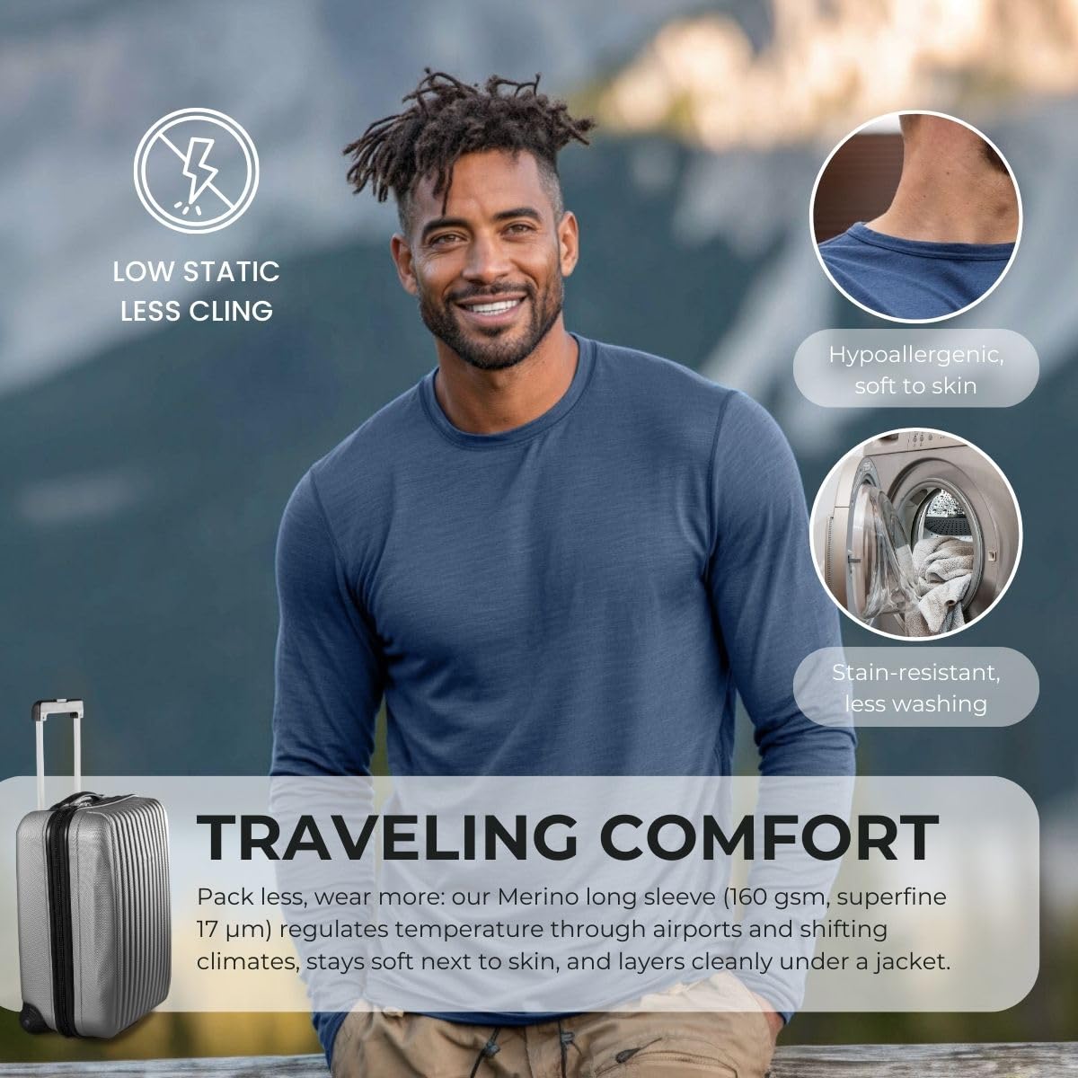 menique 100 % lana merino de manga larga para hombre, camisas térmicas de capa base, camisa de ajuste delgado, transpirable, cuello redondo, para correr, viajar, gimnasio, senderismo, esquí