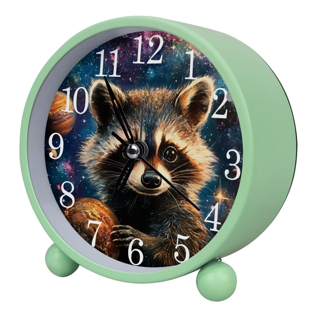 Luoweisi Alarm Clock Raccoon Space Planets, Silent Non-Ticking with Night Light, Round Metal Alarm Clock for Office, Battery Operated, Bedroom, Elderly, Adults, Children, Student Gifts