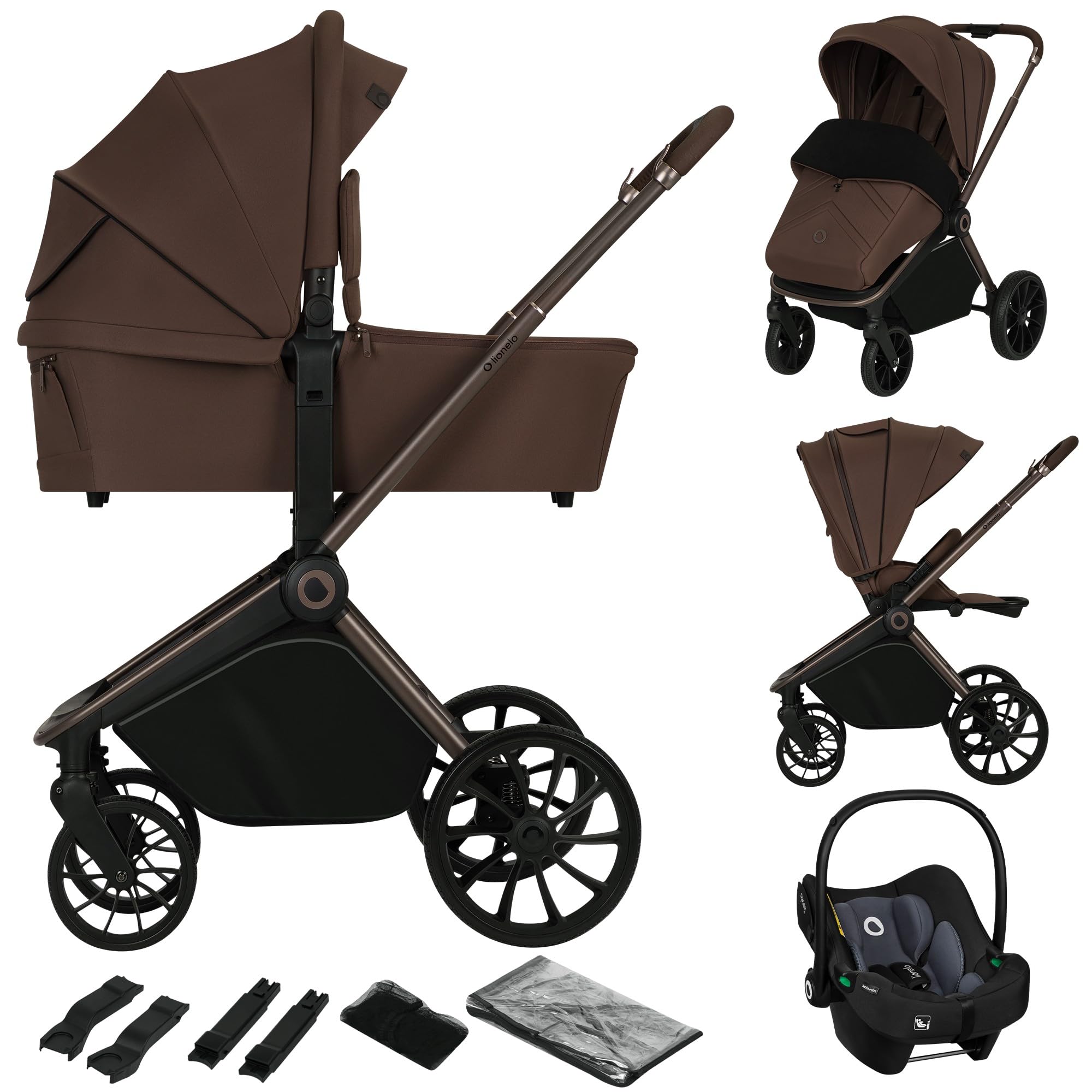 LIONELO MIKA PLUS 3 en 1 Poussette 0-48 mois jusqu'à 22 kg Nacelle 9 kg Siège Auto Roues 360° PU Auvent XXL Mocha Mousse