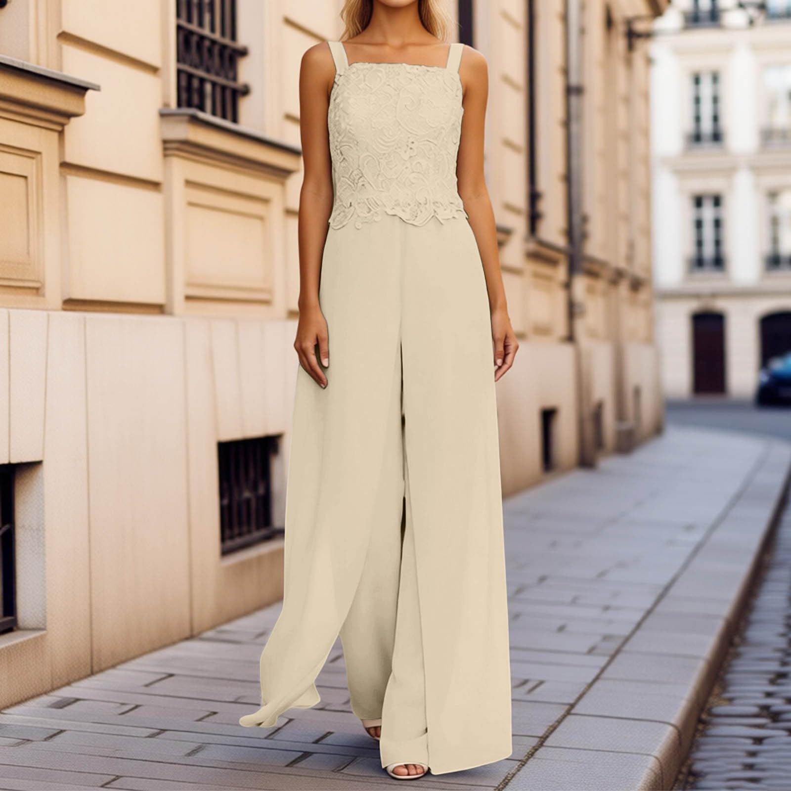 Generisch Ensemble 3 pièces pour femme - En mousseline de soie - Élégant débardeur en dentelle + cardigan à manches longues + pantalon large - Costume tendance pour invité de mariage et soirée