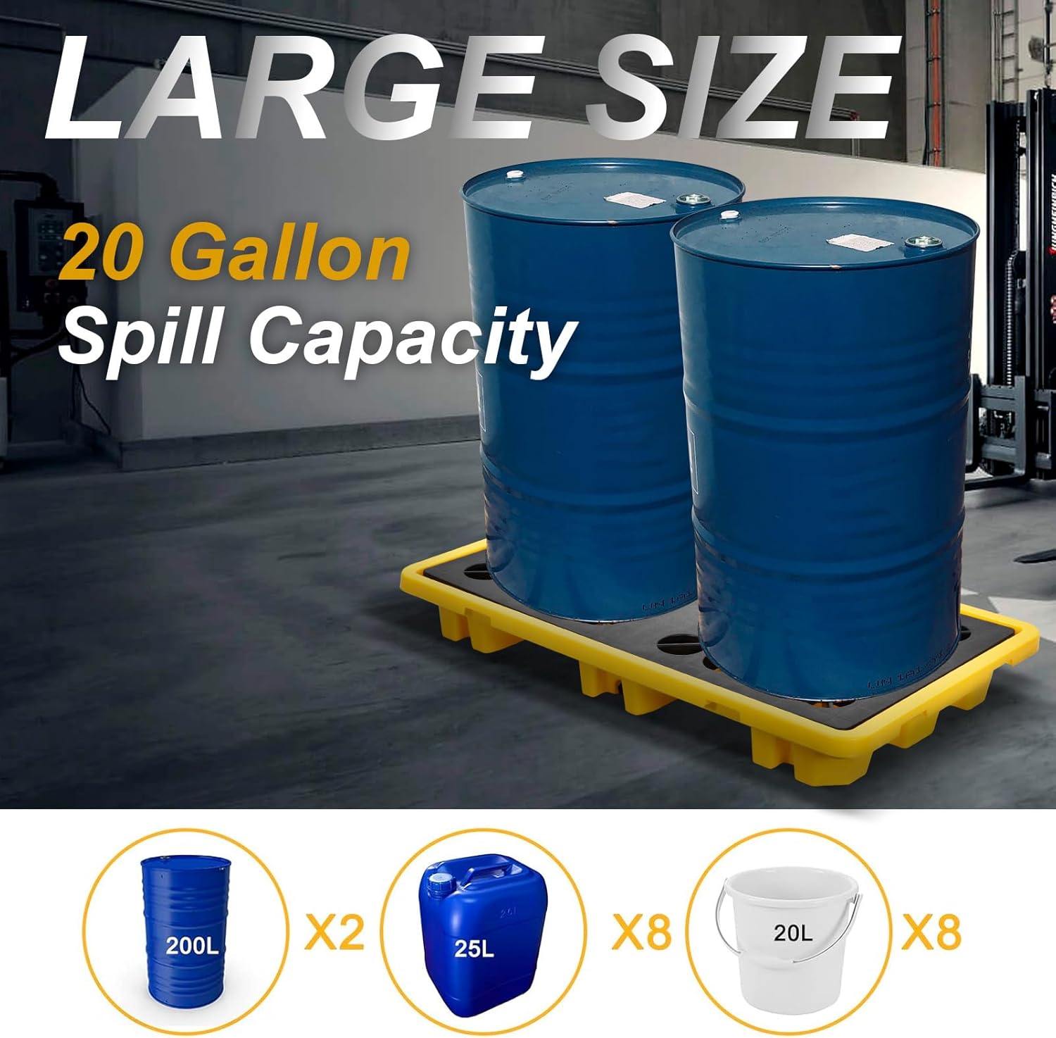 2 Drum Spill Containment Plat.Form Industrial with Grating Fork.Lift Pockets 5000 Lbs 20 Gallon Capacity Sump Stackable Yellow and Black Modular Recycled Poly Tray Pallet with Drain 51.2 x26.8 x5.9"