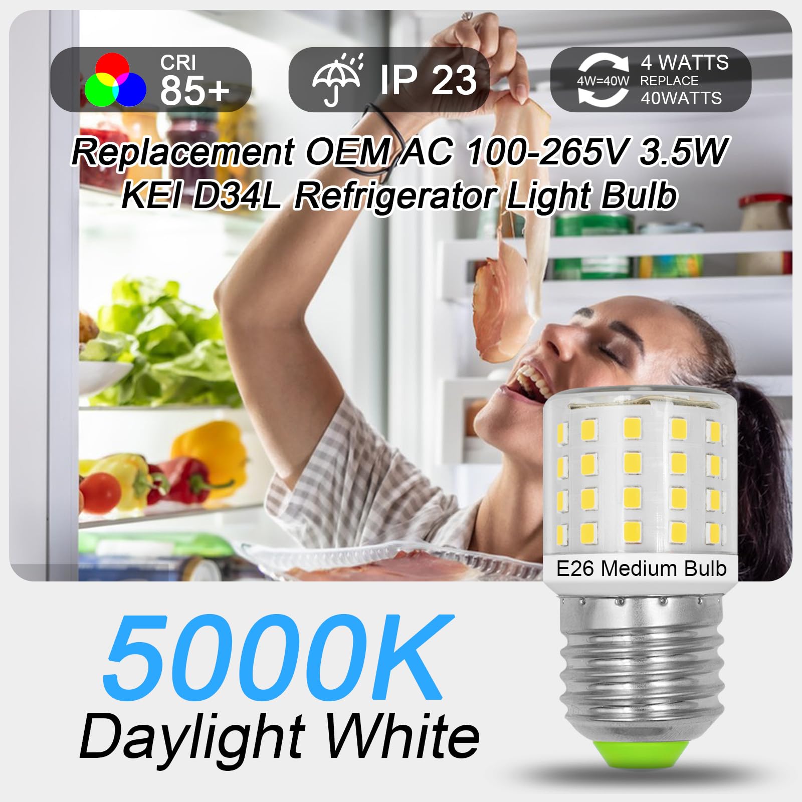 Upgraded AC 100-265V 3 5W KEI D34L Refrigerator Bulb 5304511738 LED Freezer Light Bulbs fit for Frigidaire Kenmore — view 3
