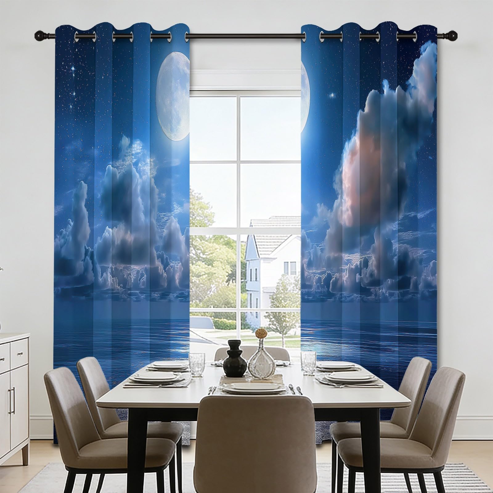 Cortina opaca para dormitorio, cortinas opacas con ojales, misteriosas cortinas de mar, luna, cielo estrellado, para salón, habitación infantil, puerta de balcón, protección UV, cortina térmica, 245 x