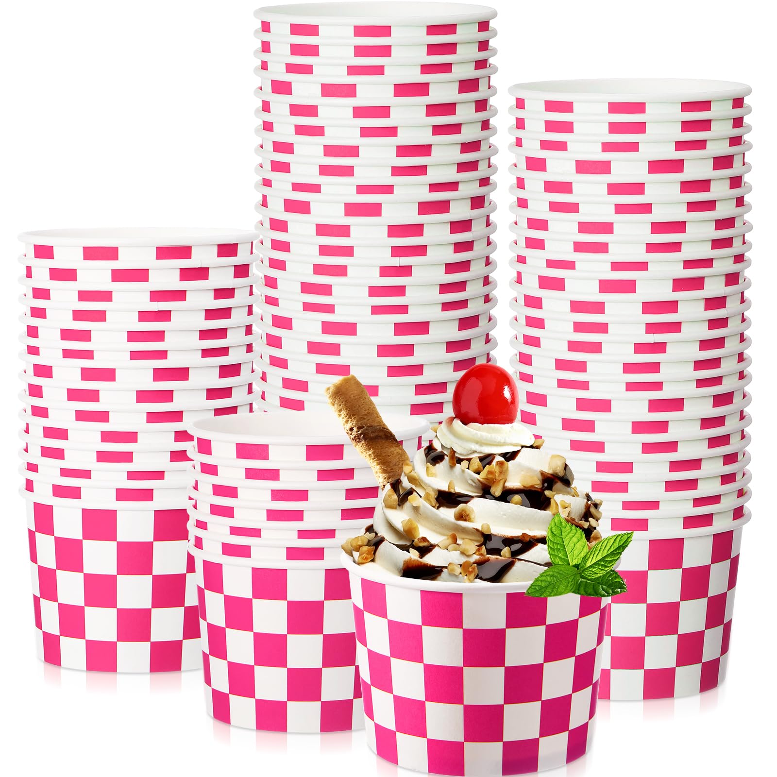 Zopeal 50 Count Hot Pink Checkered Ice Cream Cups Disposable 9 oz Ice Cream Bowls Paper Race Car Birthday Party Supplies Snack Cups Sundae Picnic Dessert Yogurt Bowls for Food