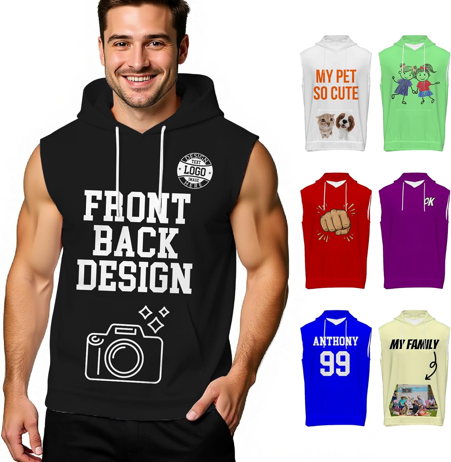 Custom Workout Hooded Tank Tops for Men Design Your Own Logo Text Photo Personalized 2 Sides Print Sleeveless Hoodies