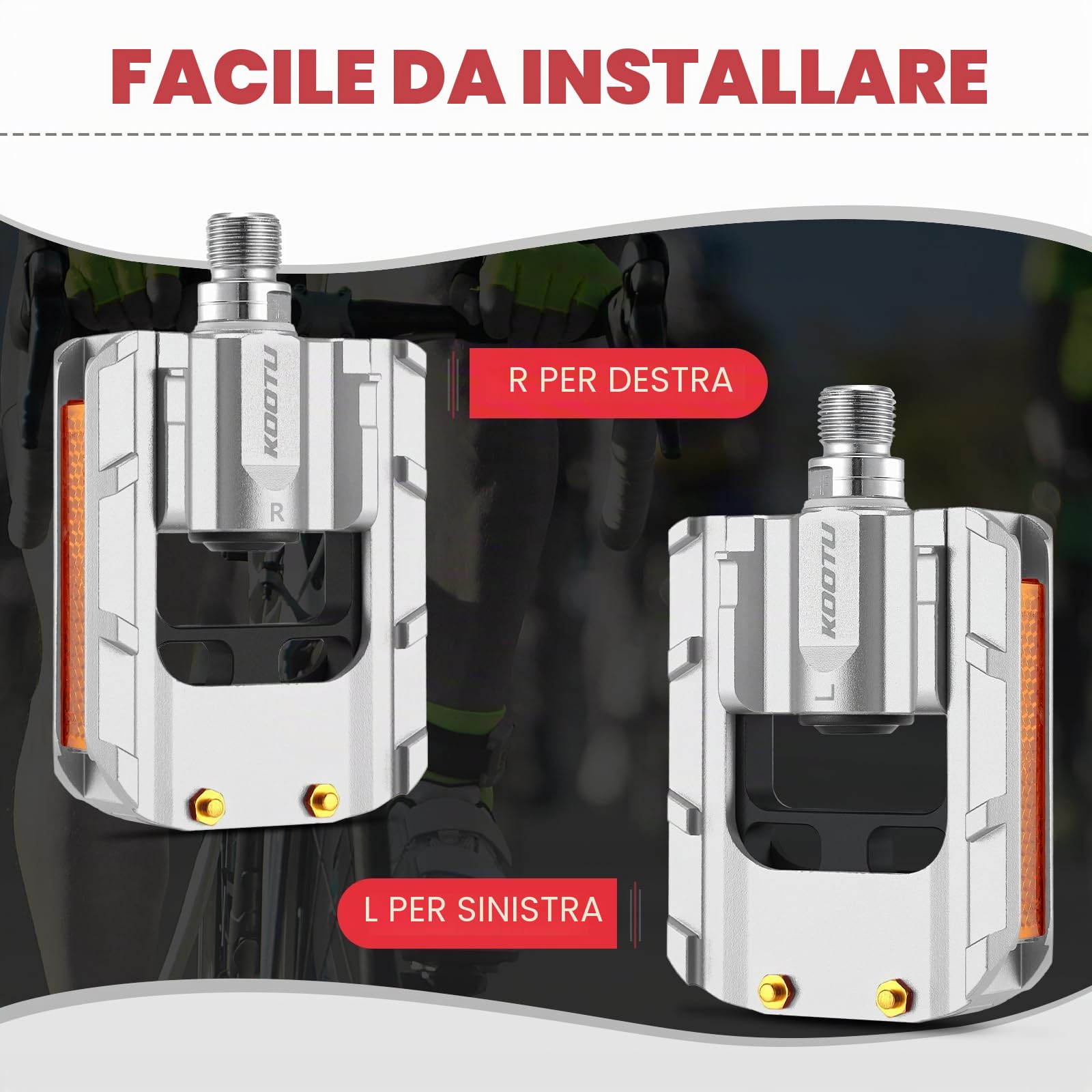 KOOTU Pedali bici con strisce riflettenti, pedale pieghevole universale 9/16 pollici Mountain Bike Pedali, antiscivolo in lega di alluminio Pedali bici per strada BMX MTB Bike