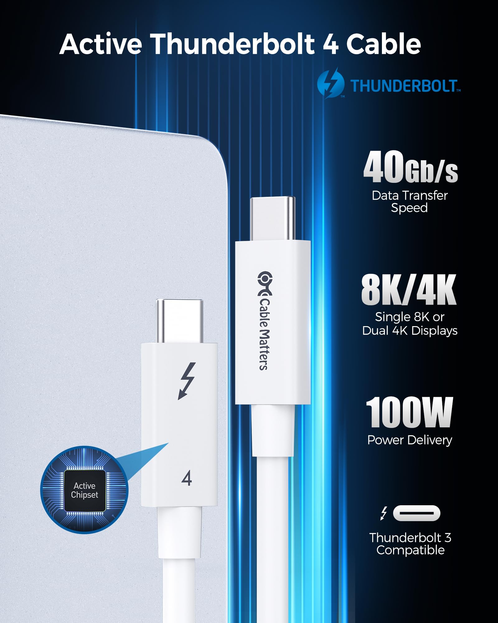 [Certifié Intel] Câble Matters 40 Gbit/s Active Thunderbolt 4 Câble de 2 m avec charge 100 W et vidéo 8K en blanc – Entièrement compatible avec USB C/USB-C, USB 4/USB 4 et Thunderbolt 3