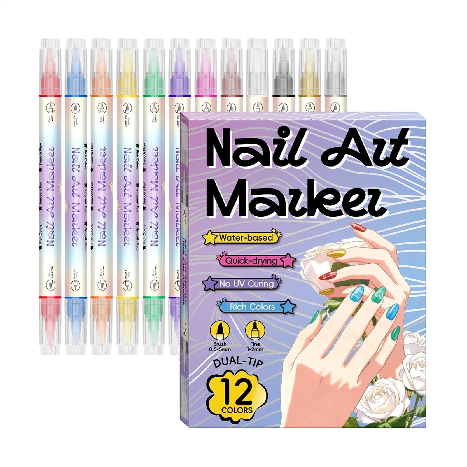 Muiltvoe Pens, 12 Color Nail Markers, Quick Dry Liner Pens, Fingernail Design Tools, DIY Manicure Kit, Salon Home Nails Accessories Set