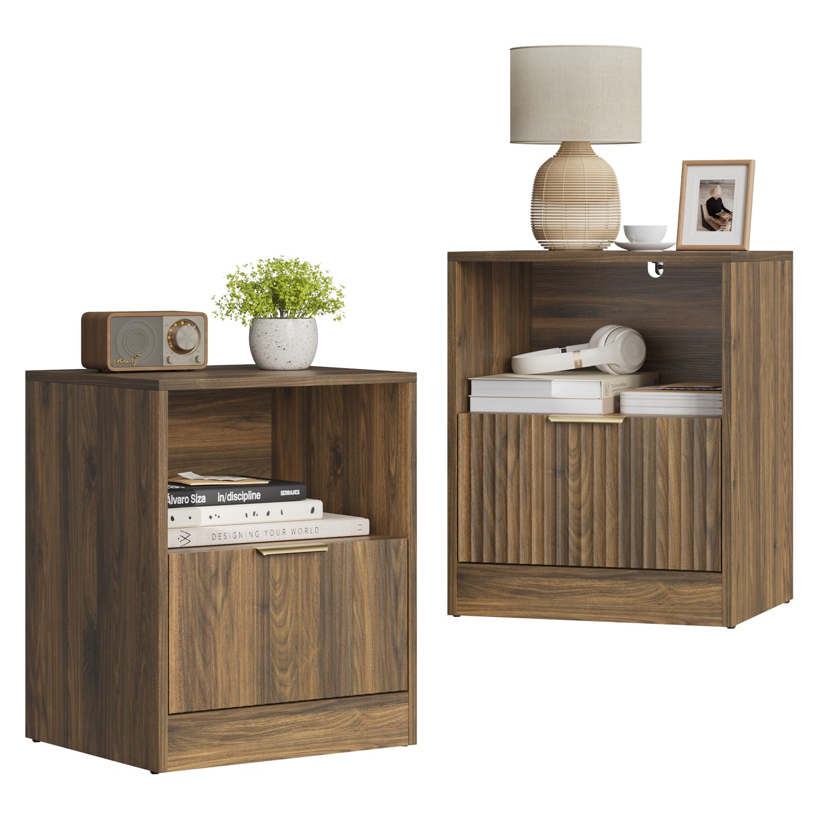 Amazon.com: NOVAMAISON Walnut Nightstand Set of 2, Modern Fluted