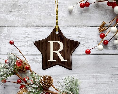 Miniatura 5 de Andaz Press Star - Monograma de cerámica para árbol de Navidad, regalo coleccionable, letra inicial R, madera rústica oscura, 1 paquete, regalo de