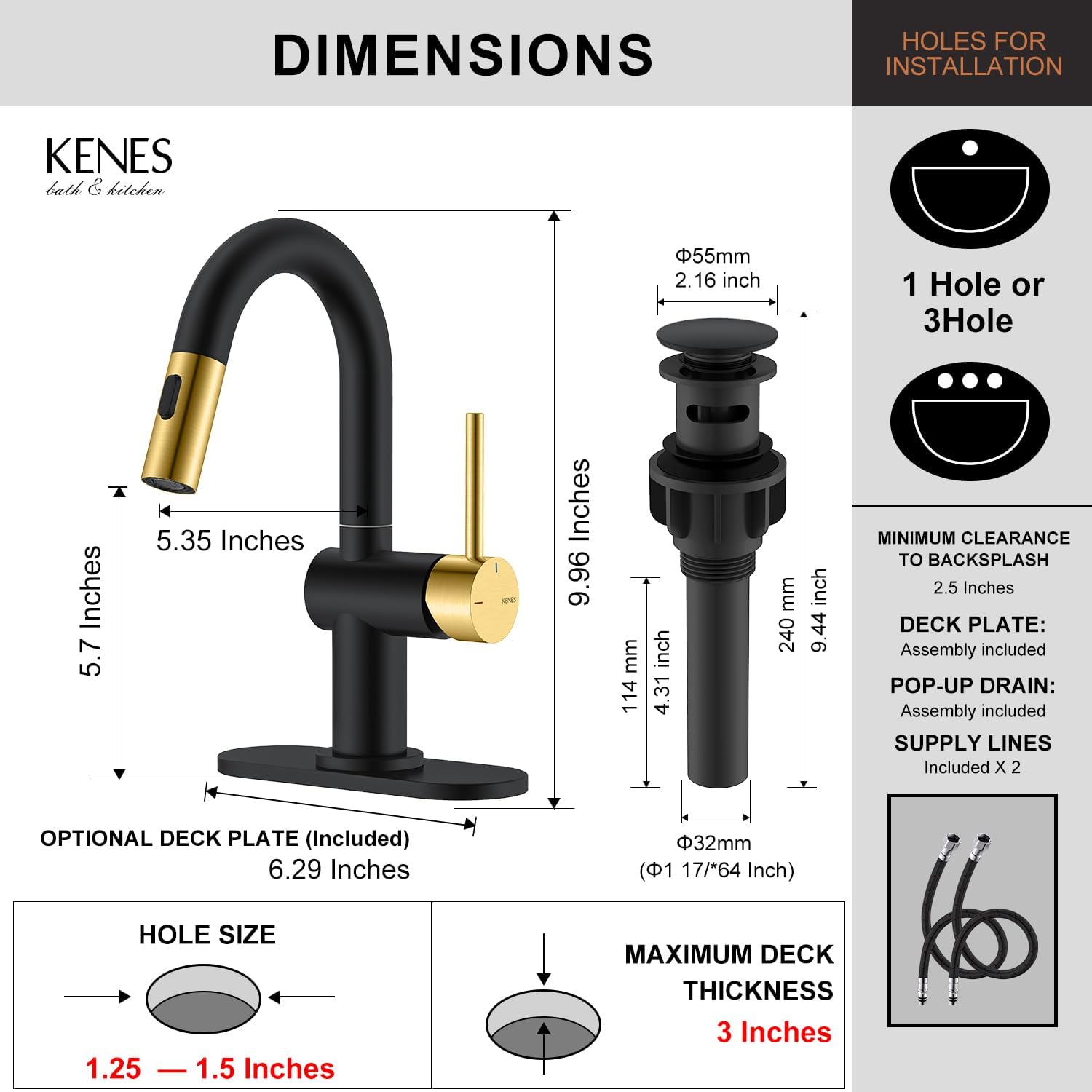 KENES Black and Gold Pull Down Bathroom Faucet 1 Hole, Single Handle Bathroom Sink Faucet with Pull Out Sprayer, Vanity Faucet with Pop Up Drain & Deck Plate, KE-9065B-BG