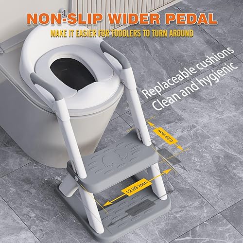 Miniatura 8 de SKYROKU - Asiento para orinal para inodoro con escalera, base estabilizada triangular 2 en 1, asiento de inodoro para niños pequeños con protector