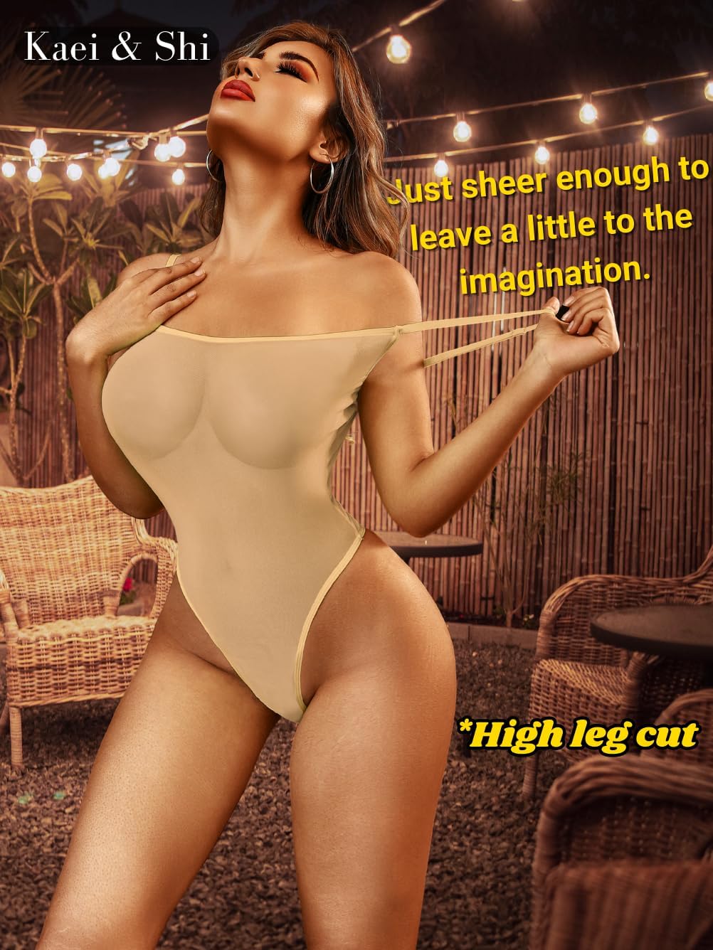 Kaei&Shi Mesh Bodysuit For Women,Spaghetti Strap Backless High Cut Sexy Body Suit,One Piece Sheer Top Rave Outfits Club Date - Image 4