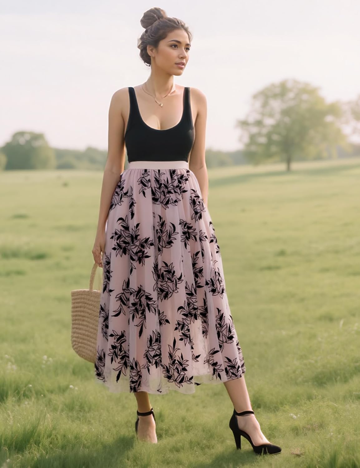 Flygo Women's Midi Long Tulle Skirts Dressy Casual Elegant A-Line Elastic Waist Foliage Embroidery Mesh Skirt - Image 5