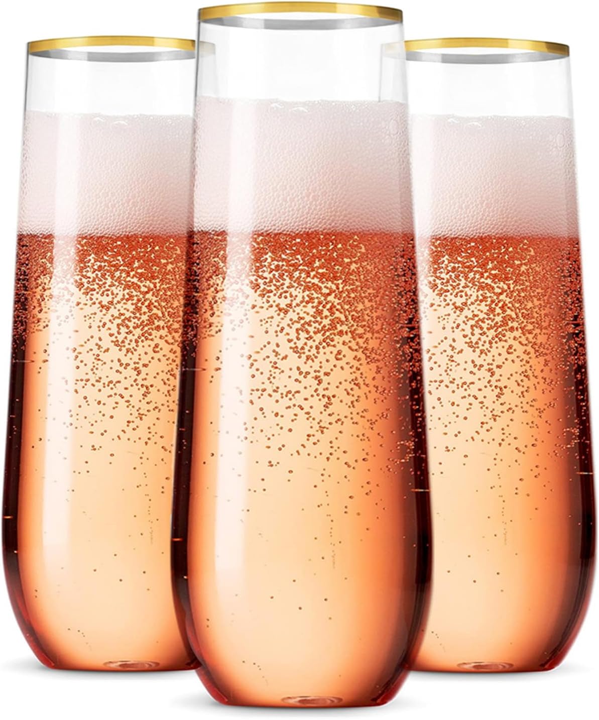 BEEPOP 27cl Flute Set of 12 Plastic Stemless Champagne Glasses Gold Rim