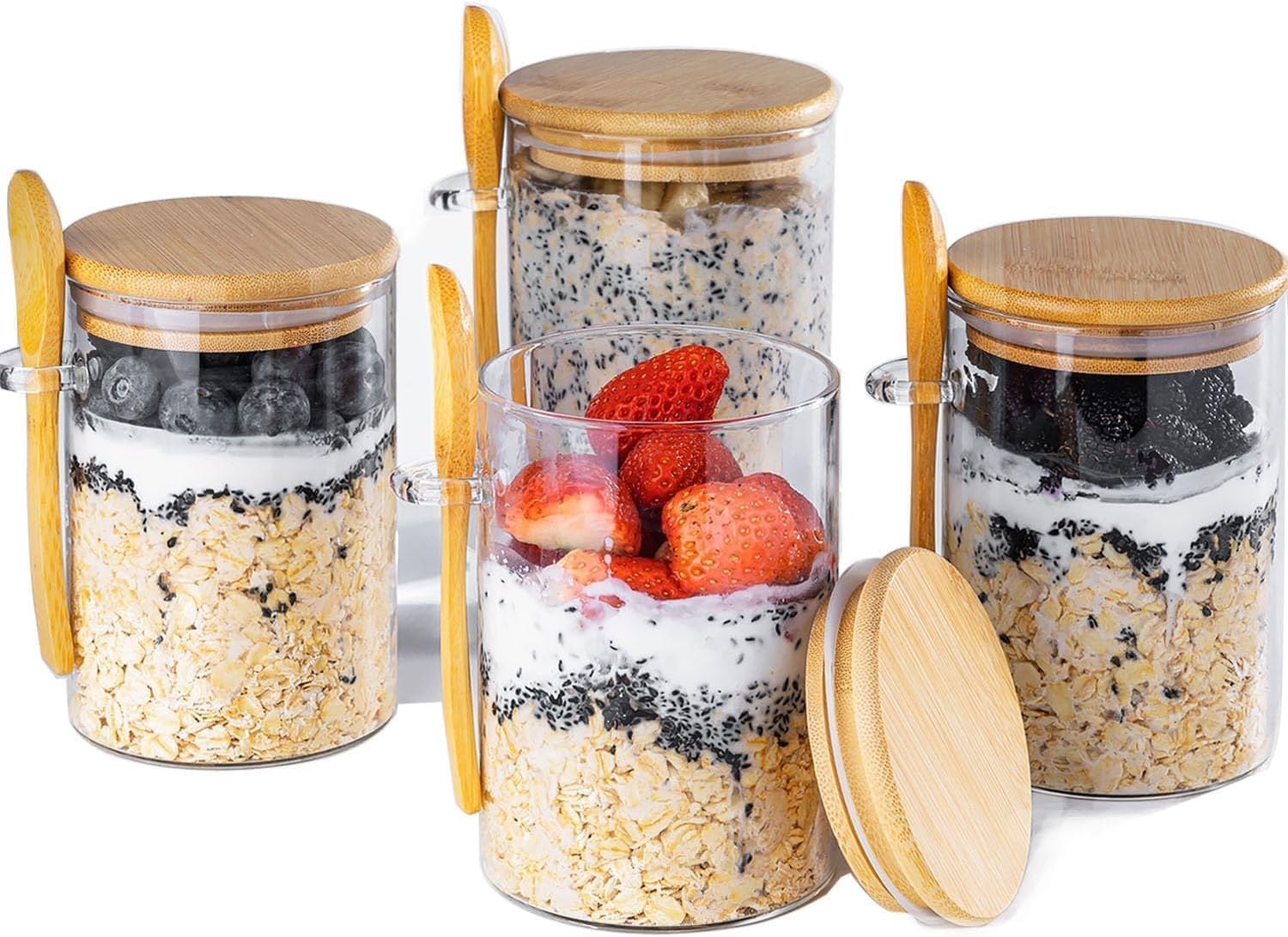 MHDCLY Overnight Oats Jar, Meal Prep Containers With Lids, 4 PCS -16oz Oats Jar Glass, Overnight Oats Containers With Lids, Pudding Cups, Oatmeal Cups,Glass Jars with Spoons