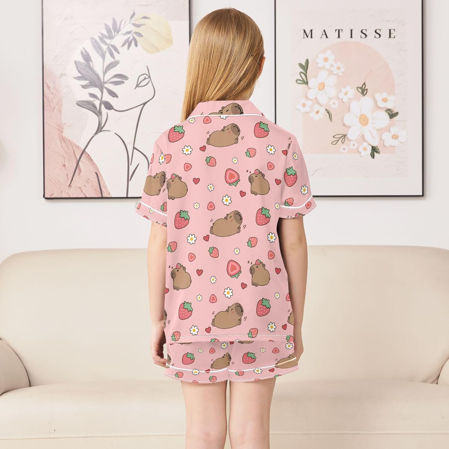 Capybara with Oranges Summer Satin Pajama Set, Cute Button-Down Sleepwear Pj Set for Sleep Wears - Image 3