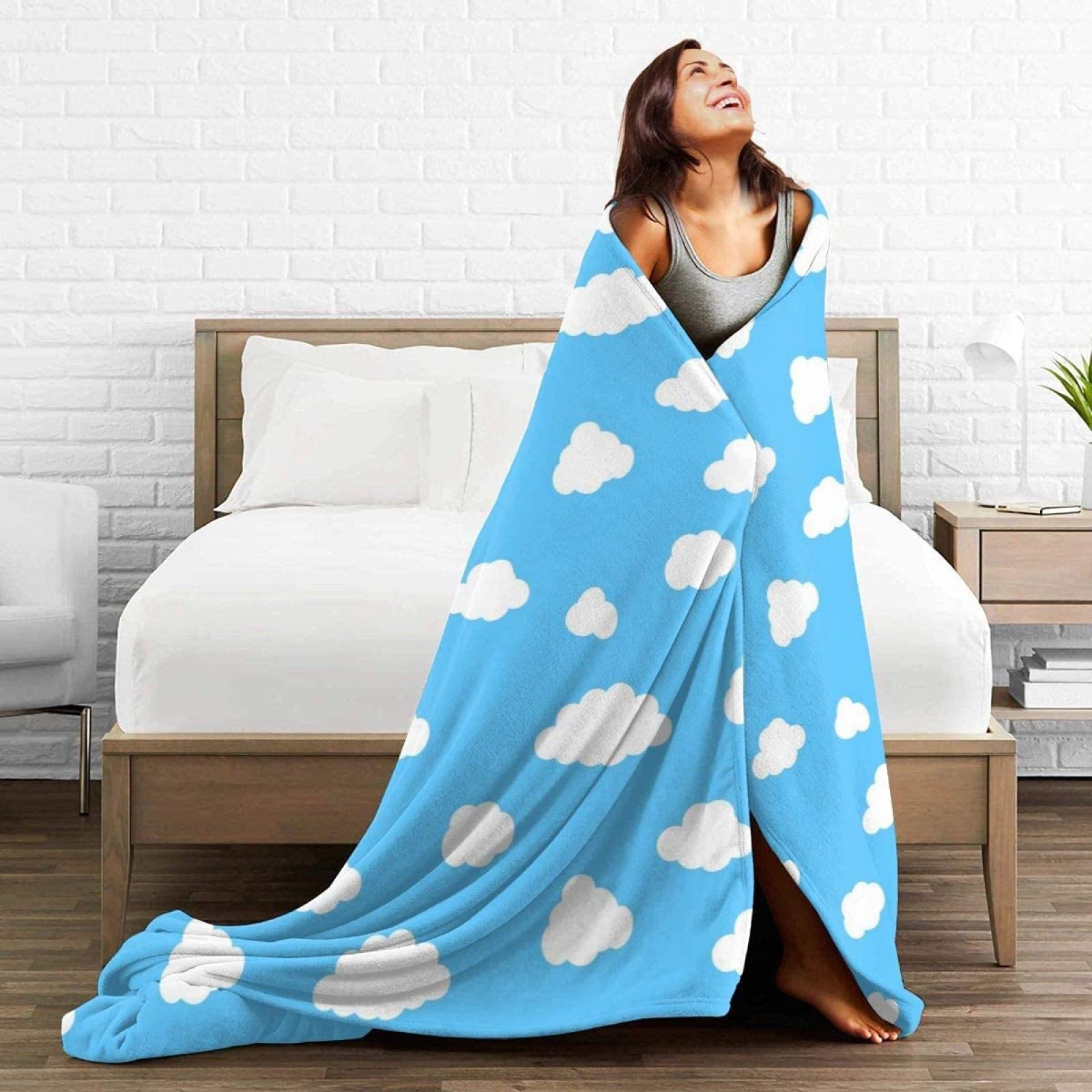 Couverture Polaire 180 x 220 cm Bleu, Plaid Polaire Nuages ​​Blancs Couverture 3D Imprimée Flanelle Blanket Literie 2 Personnes, Couvertures Doux et Chaude pour Canape Lit