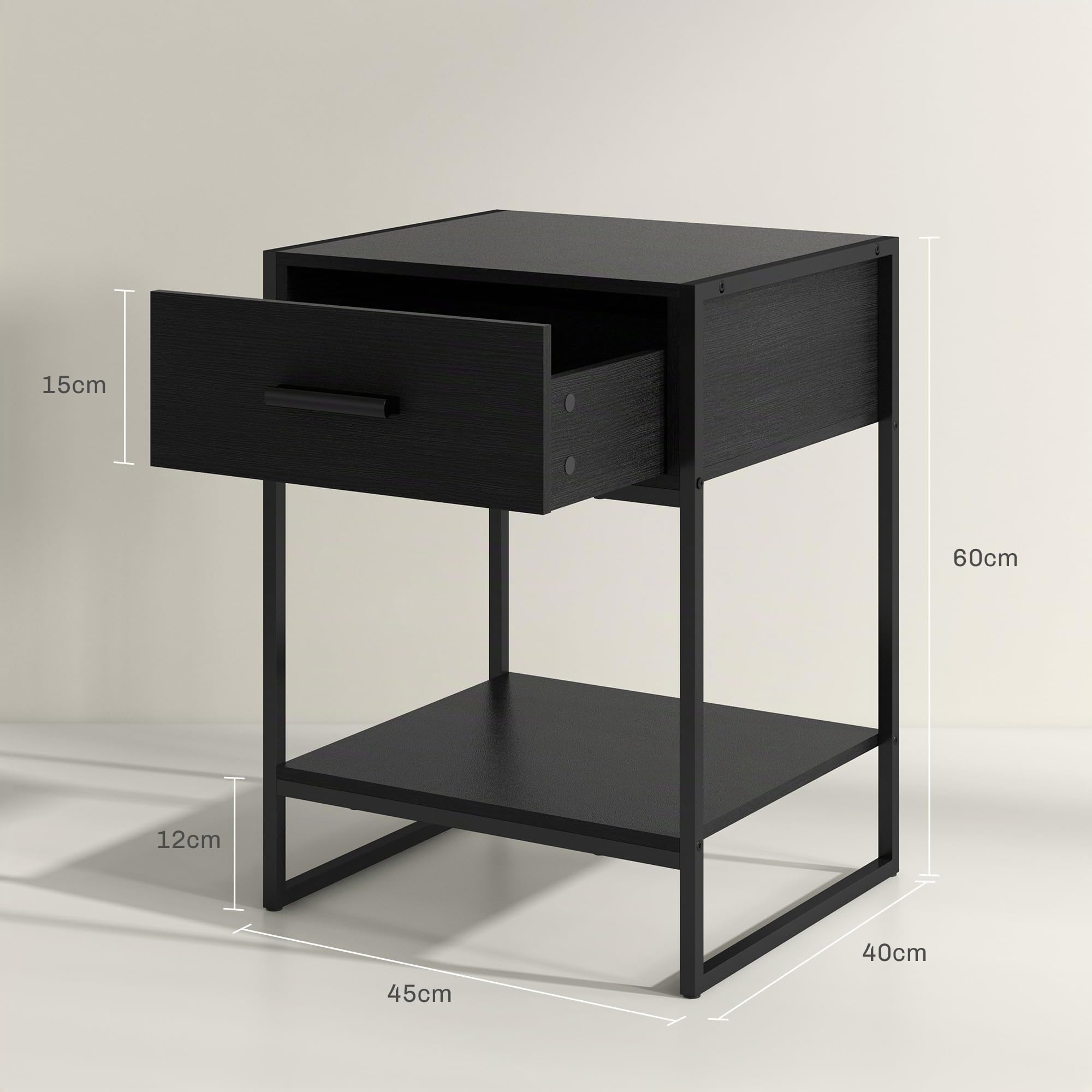 HOMCOM 2 Mesitas de Noche Mesas Auxiliares con Cajón y Estante de Abierto Estilo Moderno para Dormitorio Salón Cama Oficina 45x40x60 cm Negro
